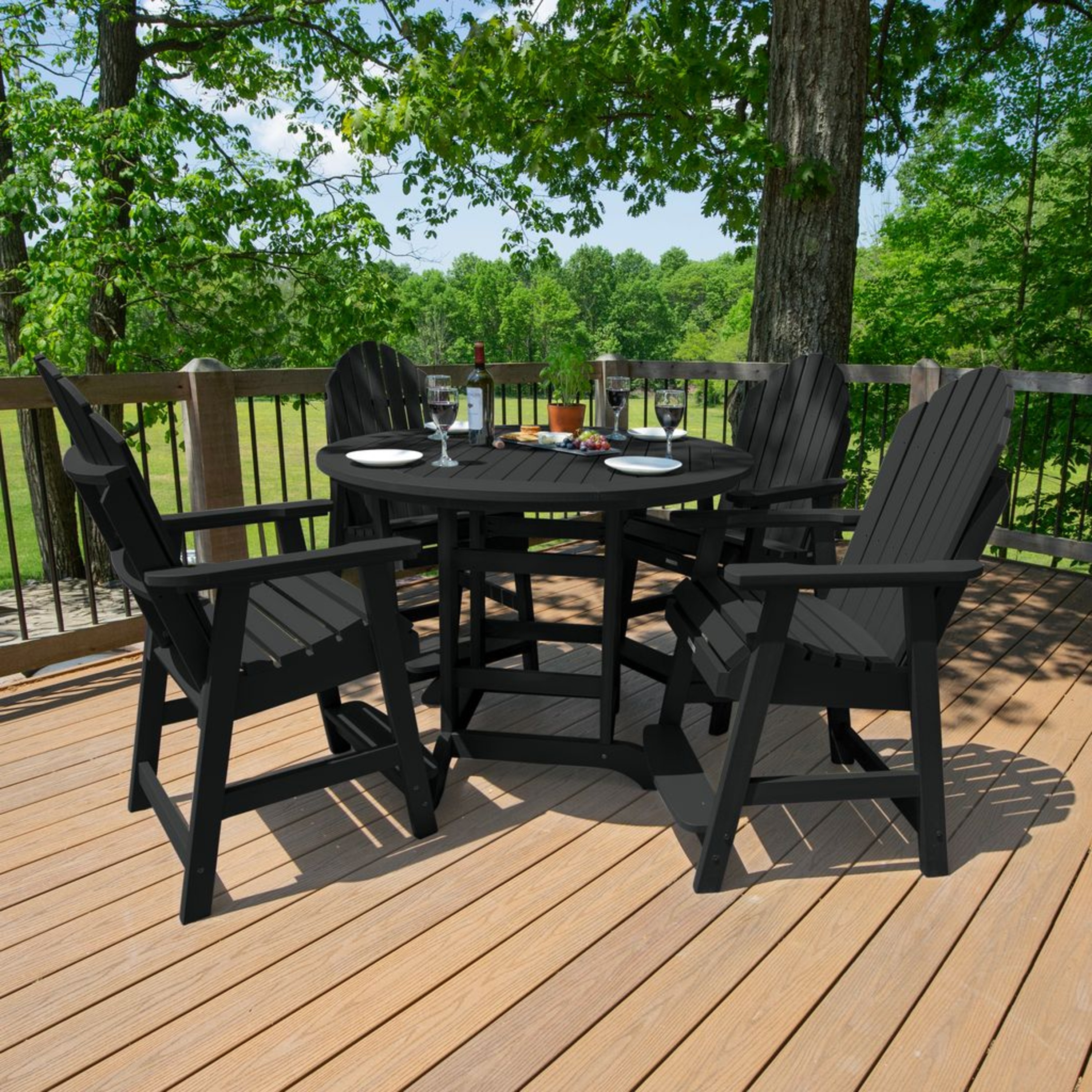 highwood AD-CNA48-BKE The Adirondack 5 -Piece Black Patio Dining Set Plastic Round Table with 4 Stationary Chairs