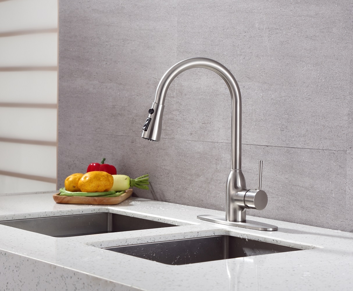 Runfine RFF10E-BNPVD Birmingham Brushed nickel Single Handle Deck-mount Kitchen Faucet with Sprayer ( Deck Plate Included )