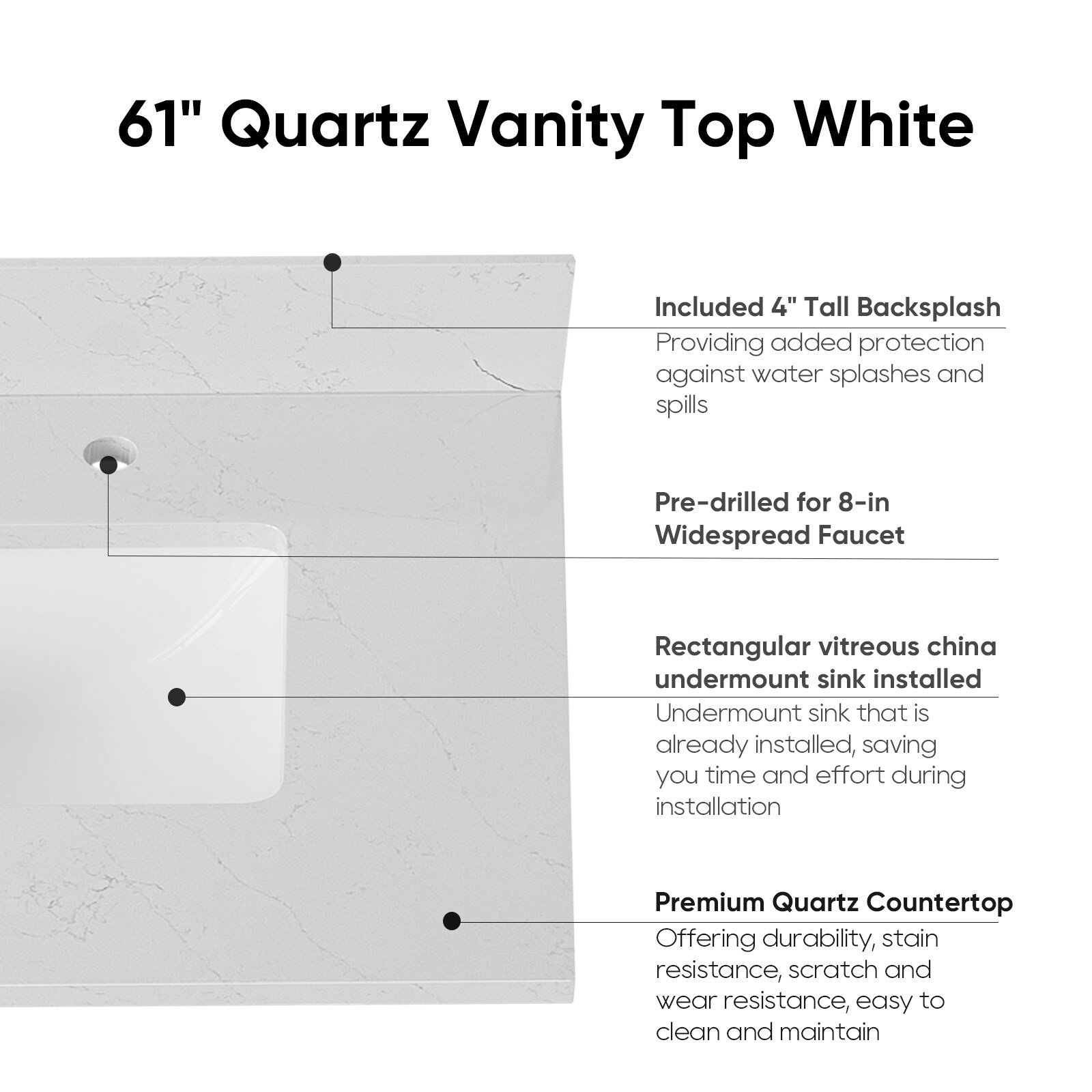 Bianco Bella 61'' White Quartz Double Undermount Sink Vanity Top