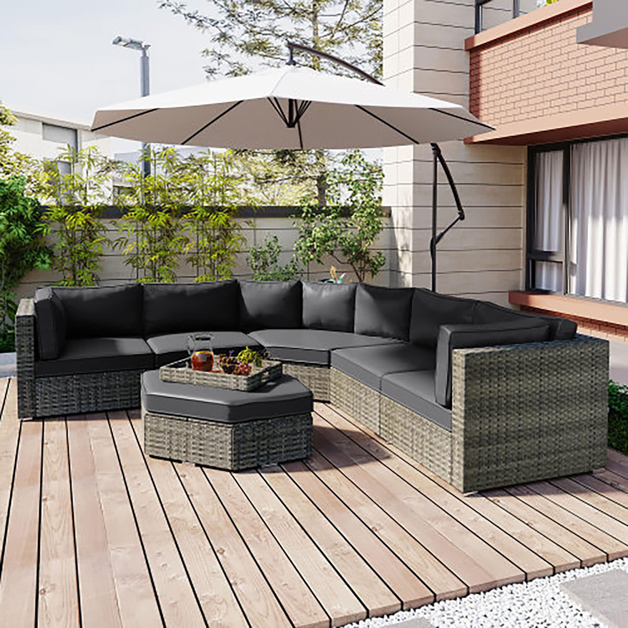 Forclover ALUS-375GR 6 -Piece Wicker Patio Sofa Conversation Set with Gray Cushions