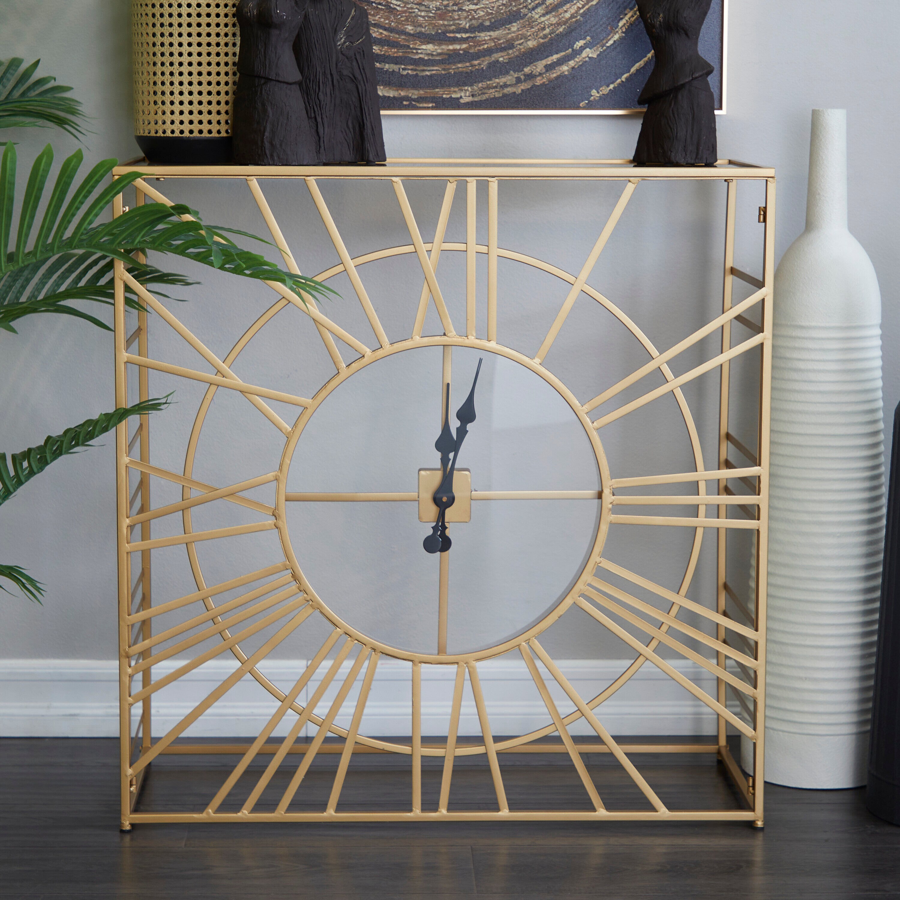 Grayson Lane 72630 Modern Gold with Clear Glass Top and Clock Front Console table