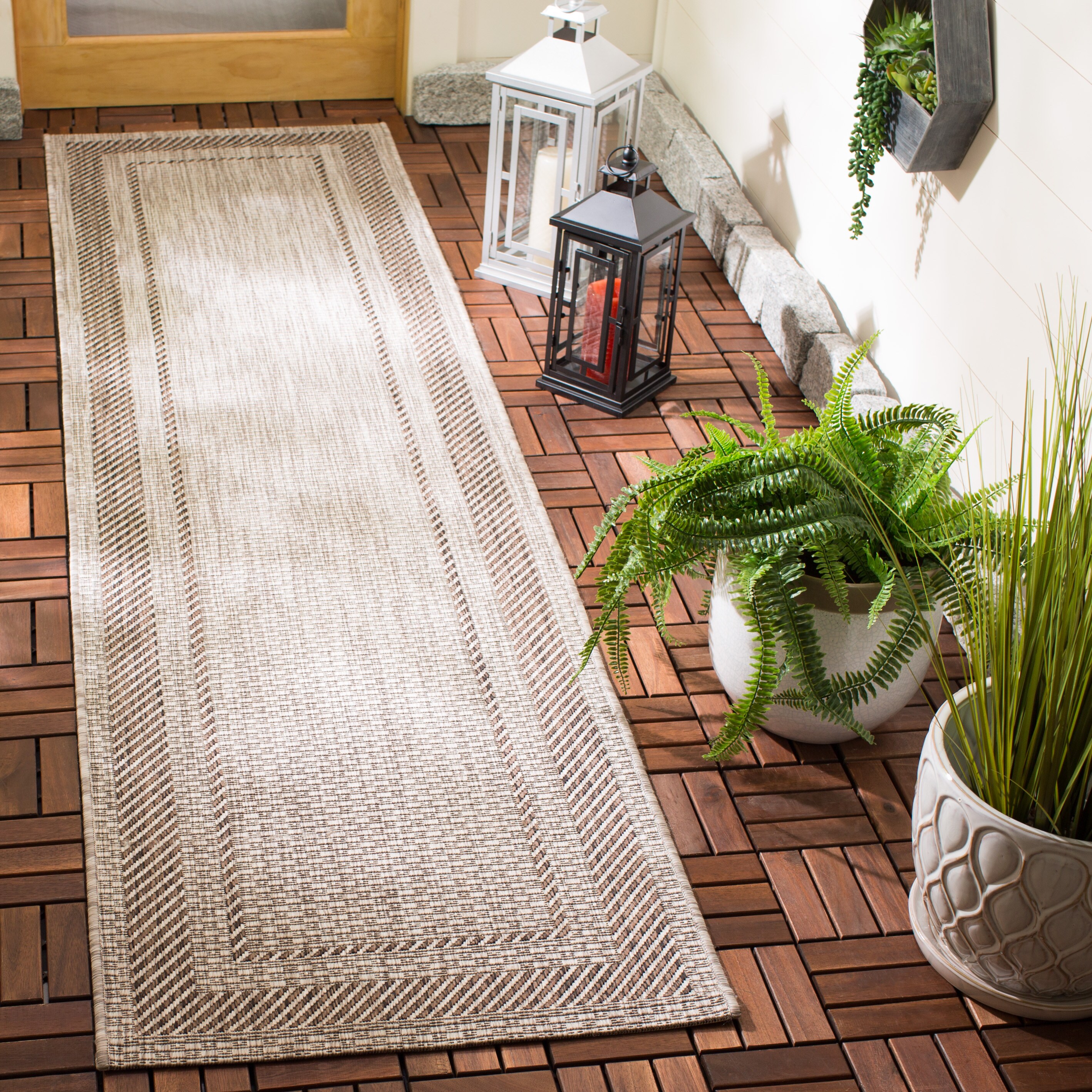 Safavieh CY8477-36312-212 Courtyard Kourou 2 x 12 (ft) Loomed Polypropylene Beige/Brown Rectangular Indoor/Outdoor Border Wash with water Runner rug