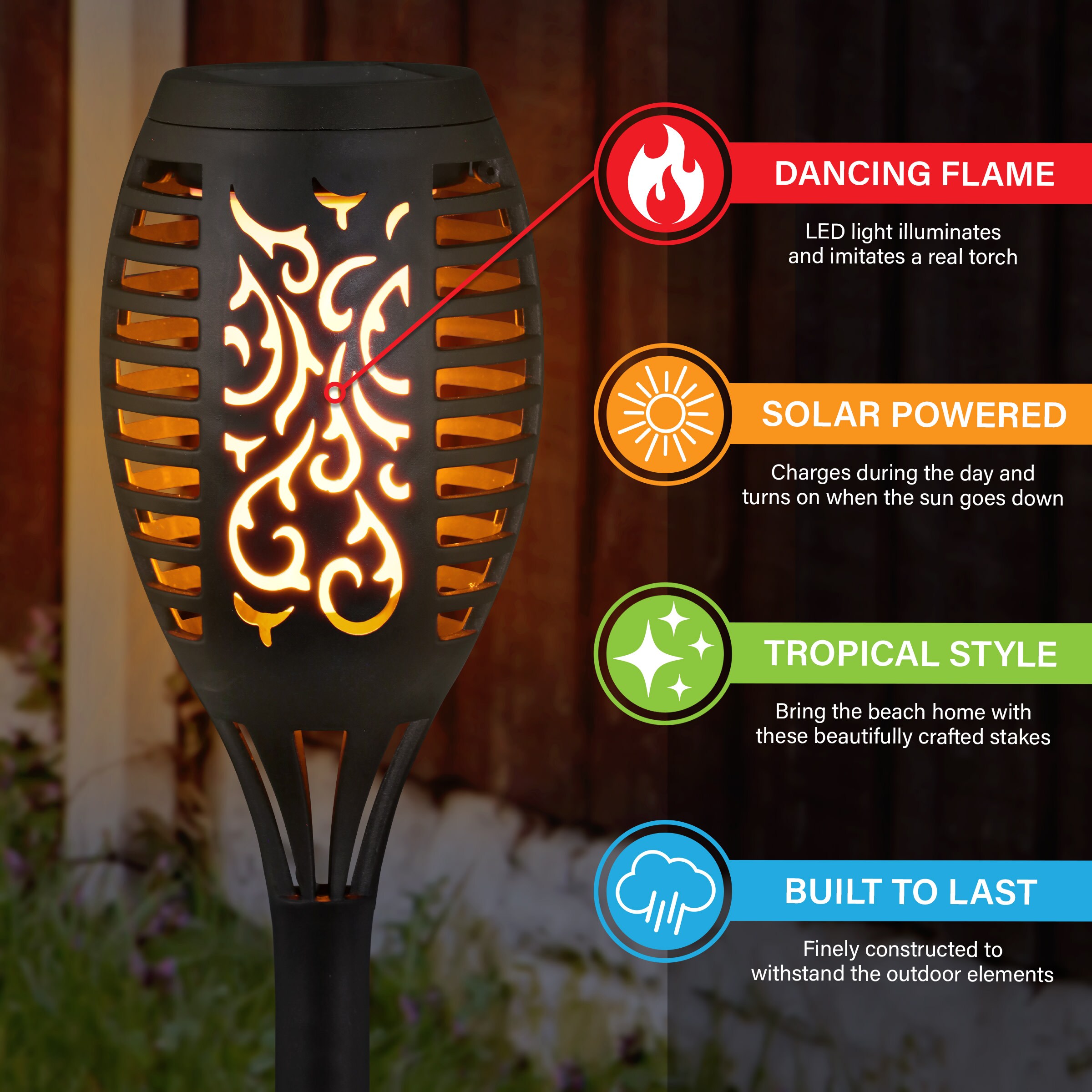 Set of 4 Black Plastic Solar LED Flame Garden Stakes