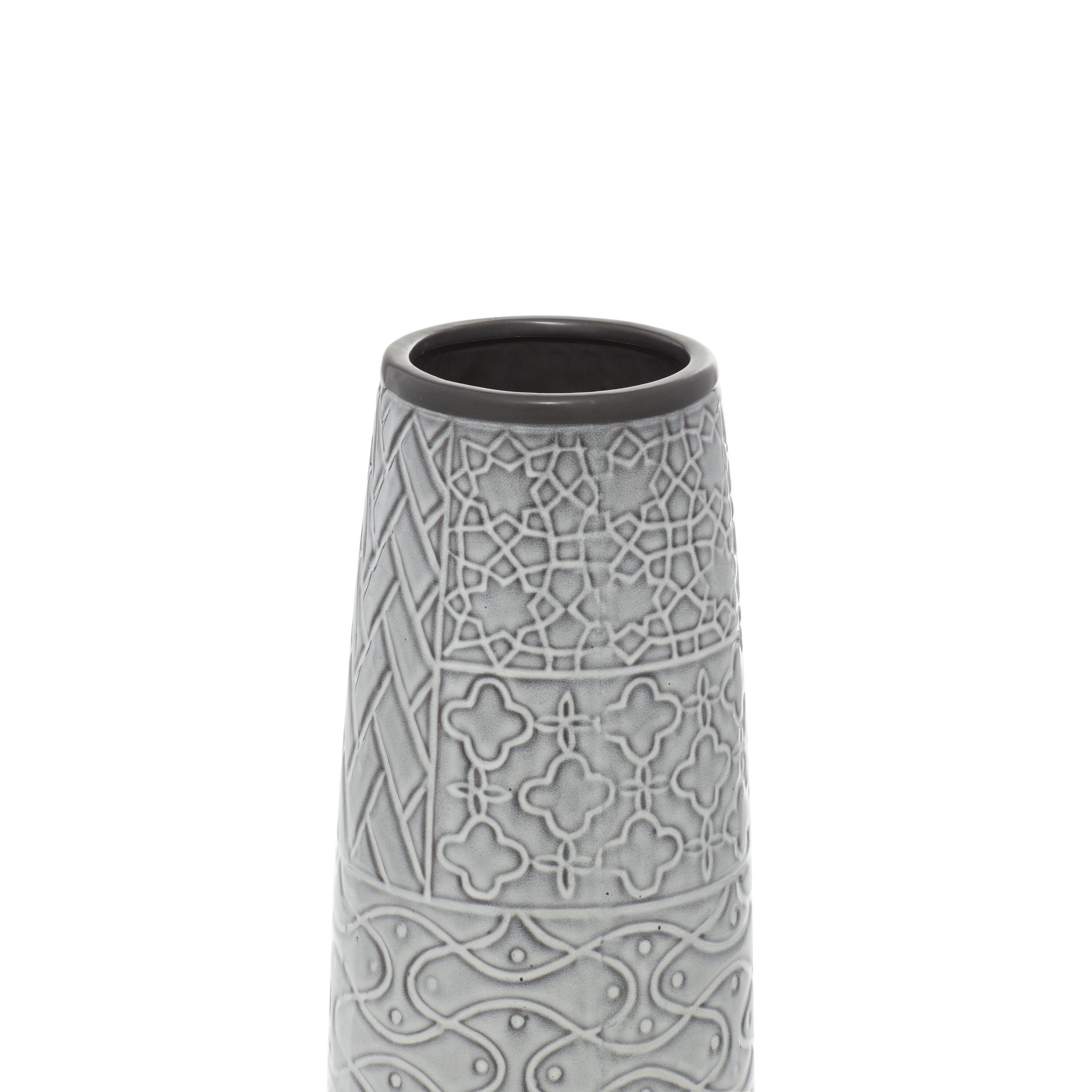 16" Gray Ceramic Floor Vase with Geometric Patterns