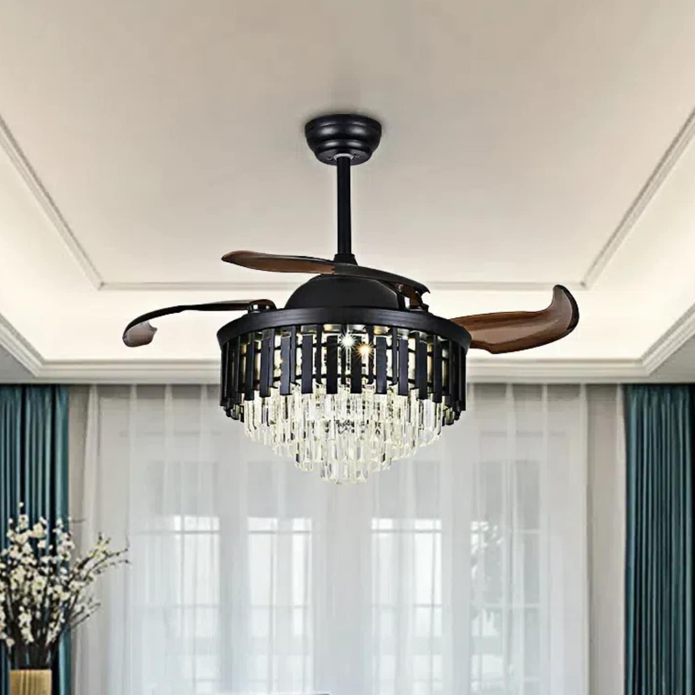 Oukaning HG-HCX-2268-US 42-in Color-Changing Black Crystal Strips with ABS Blades Chandelier Ceiling Fan With Light - Remote Included ( 4 -Blade )