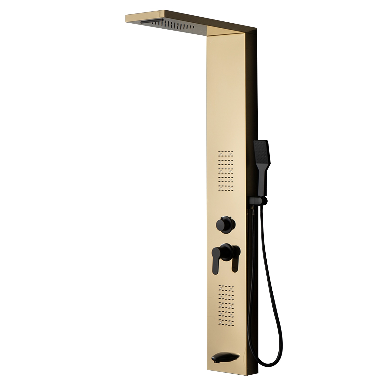 BWE YTP25-BGK Onyx SPA All-in-One Black and Gold 22-in Waterfall Dual Head Shower Tower System with 5-way Diverter ( Ceramic Disc Valve Included )
