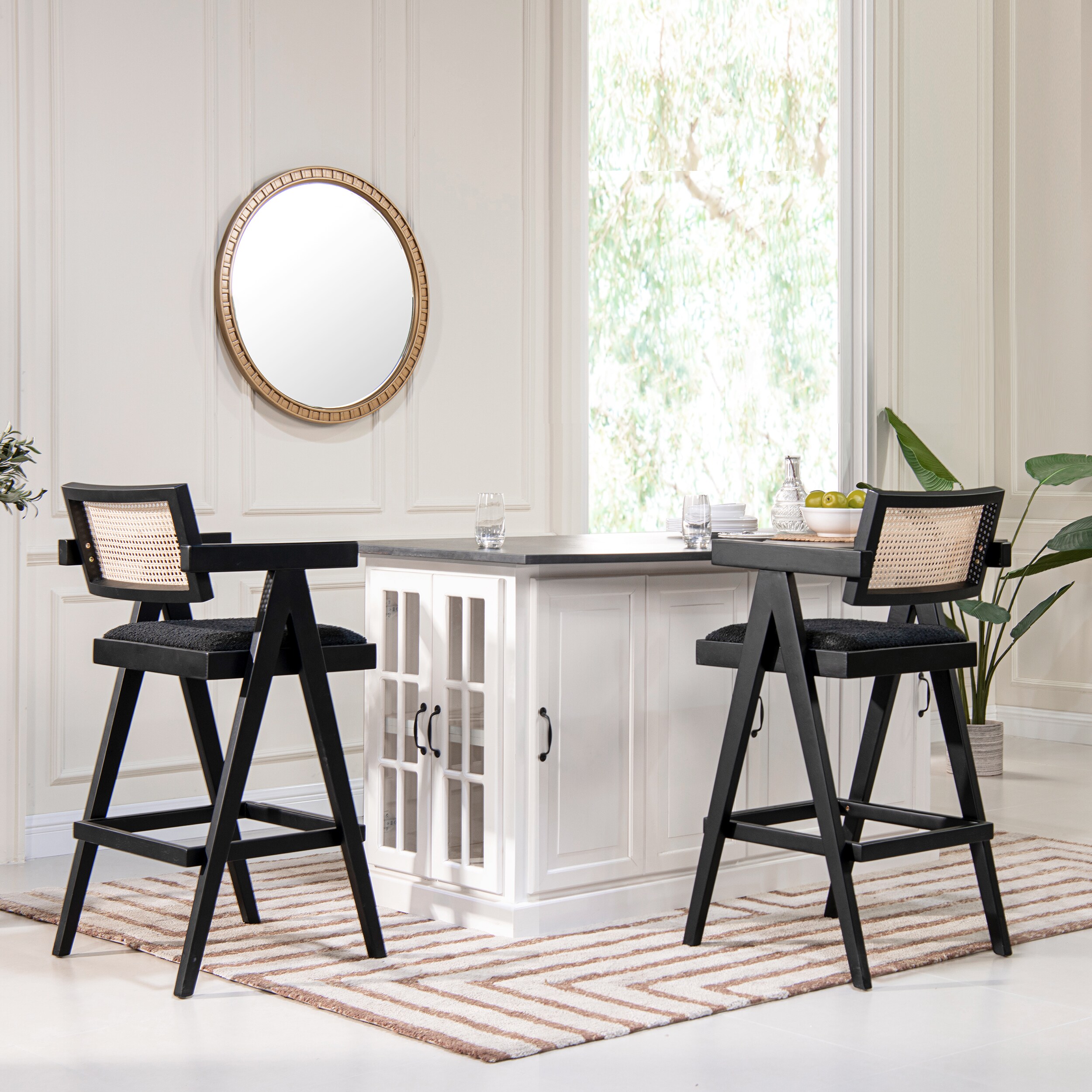 Milan Ebony Black Bouclé & Natural Wood Bar Stool Set of 3