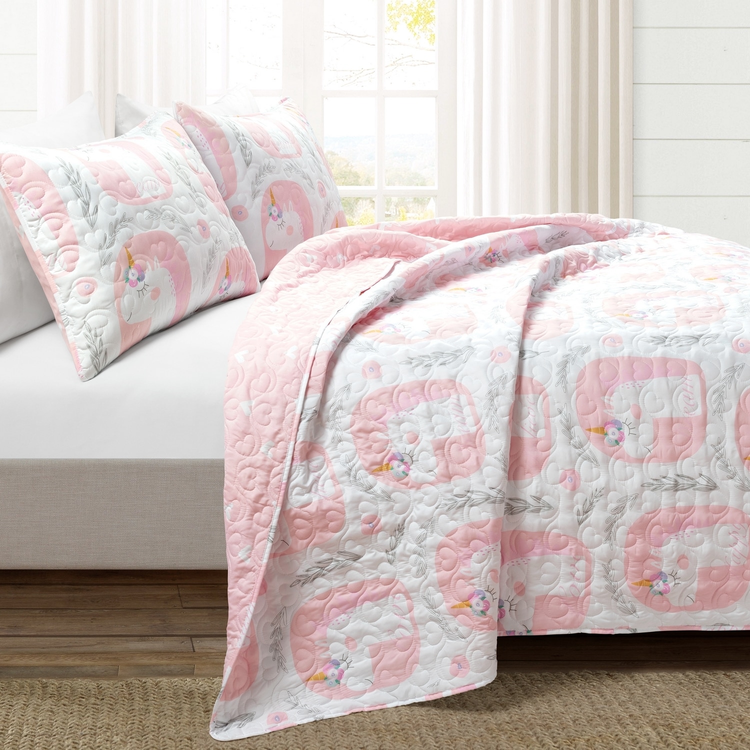 Pink Twin Reversible Microfiber Unicorn Quilt Set