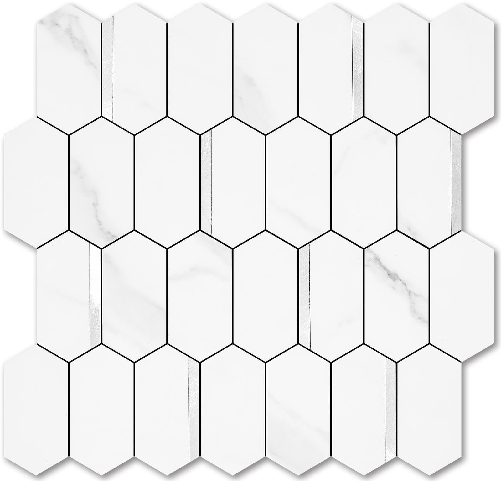 Misopily  Long Hexagon Peel and Stick Backsplash Tile 10 Sheets White Marble Look PVC Mixed Metal Silver Self Adhesive Mosaic Wall Tiles 12.4 by