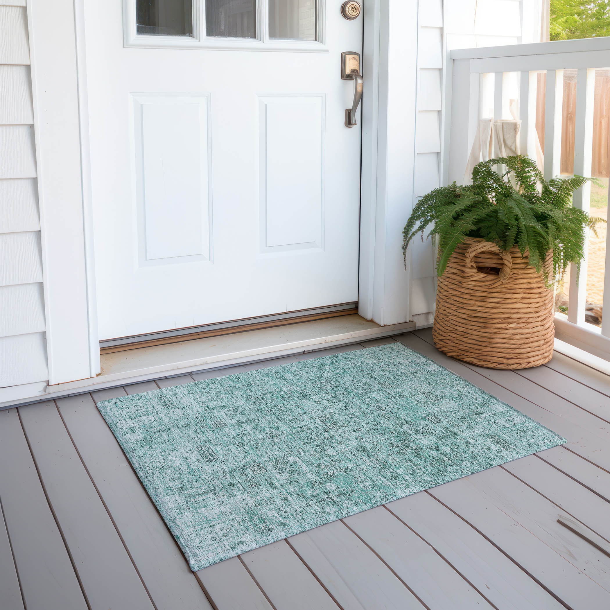 Teal Flat Woven Reversible Synthetic Indoor Outdoor Rug