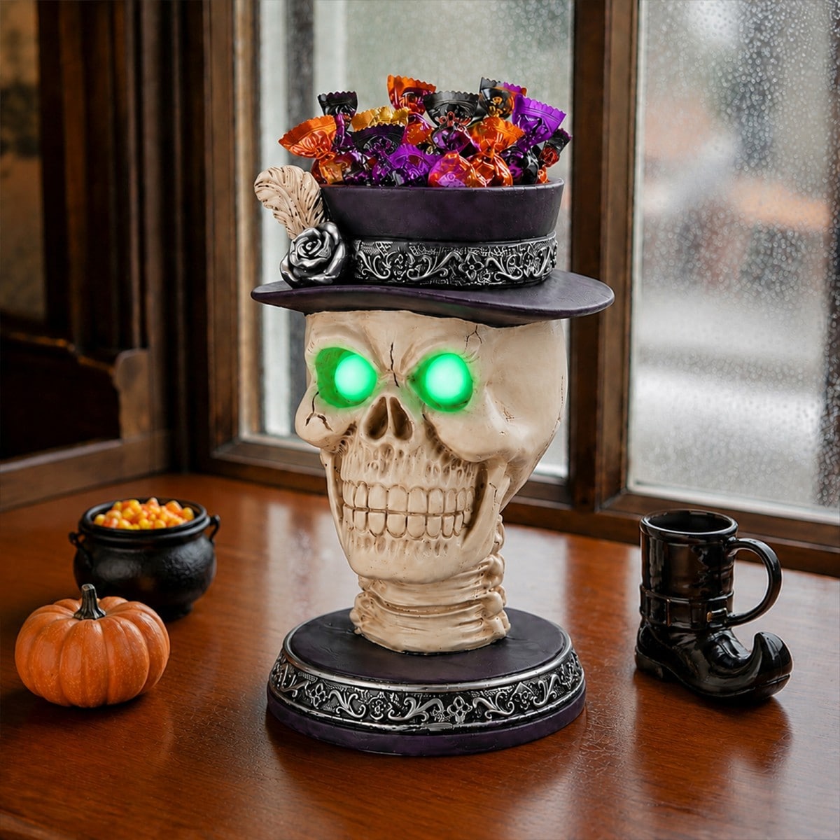 GlasFlength  10.6 Inch Halloween Skull Candle Holder Glowing Green LED Eyes Gothic Halloween Table Decor Halloween Decorations for Home Bar Multicolored
