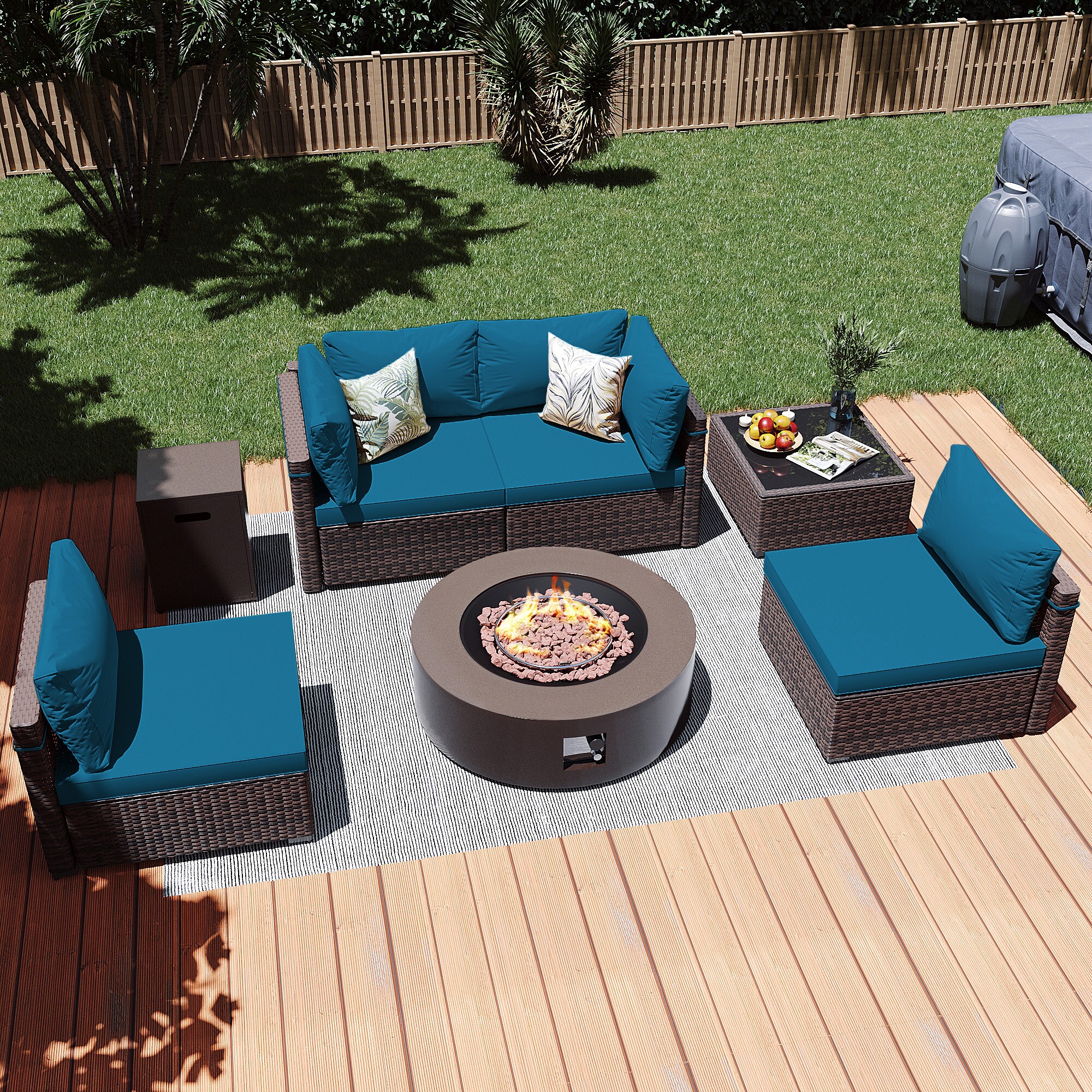 Patio Watcher LS-RT5-KD42BR-B3 6 -Piece Rattan Patio Conversation Set with Blue Cushions