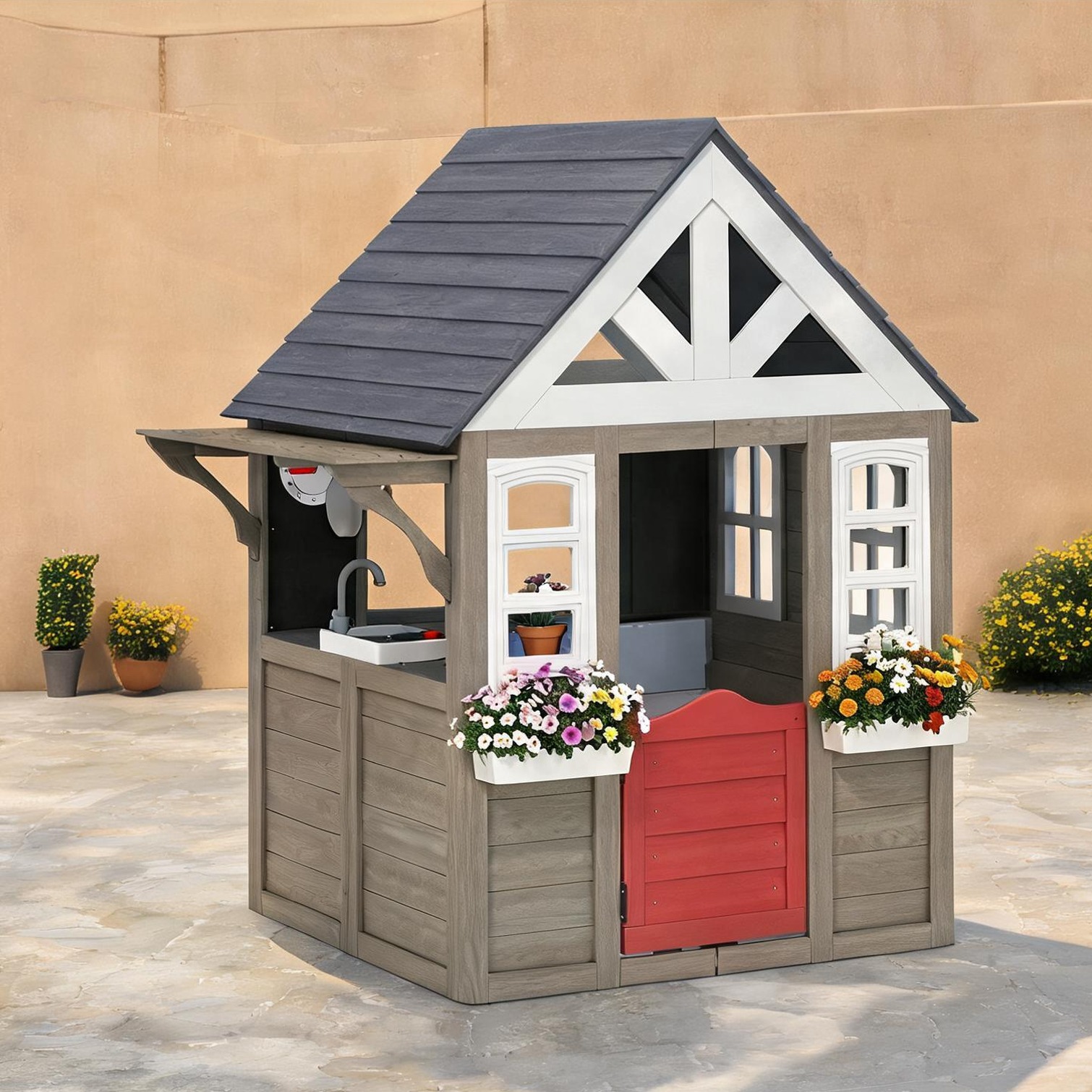 Naturefalls Outdoor Space Playhouse with Gray Fir Wood and Pp Metal Frame 52.8 x 49.6 x 64.6 in