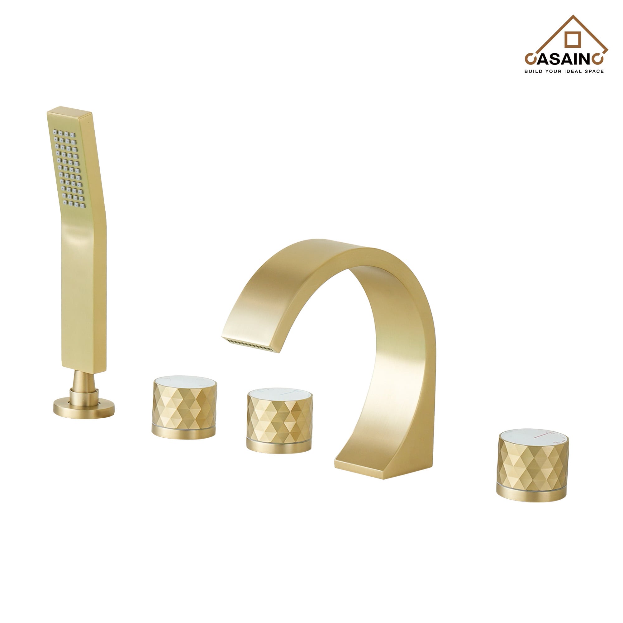 CASAINC TC11-TG 5 holes Bathtub faucet Brushed Gold 3-handle Deck-mount Roman Waterfall Bathtub Faucet with Hand Shower ( Valve Included )