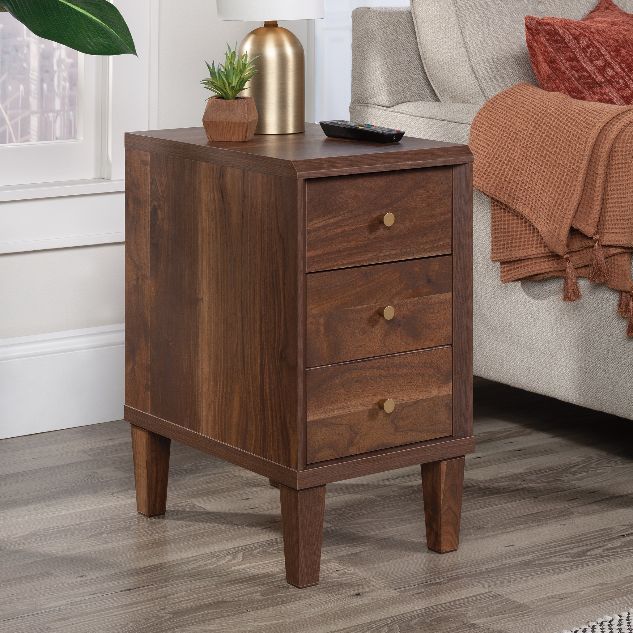 Sauder 433813 13.228-in W x 24.528-in H Grand Walnut Composite Rectangular Midcentury End Table with Storage Assembly Required