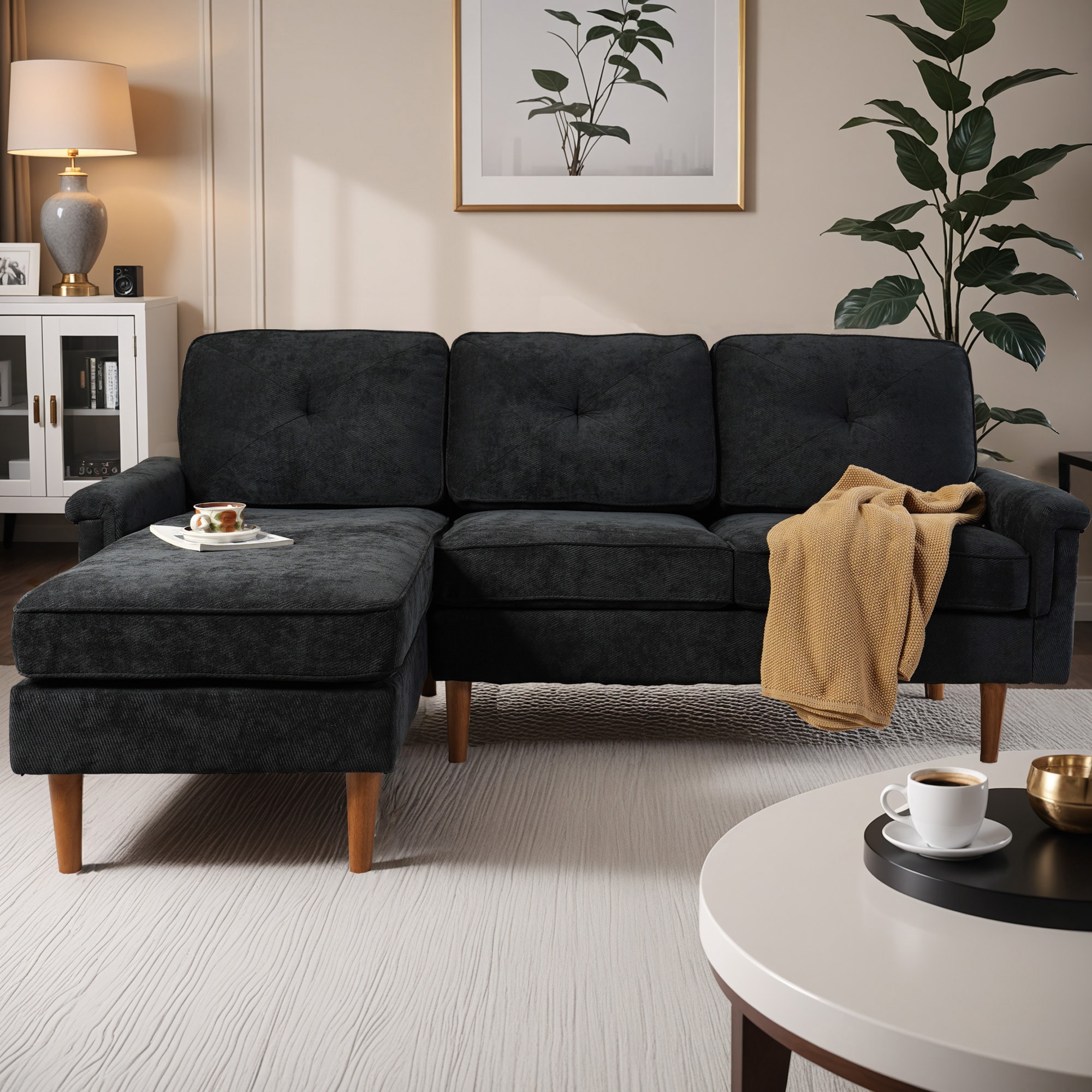 weaxty HMBNOPL400 84.61-in Modern Black Corduroy Sofa