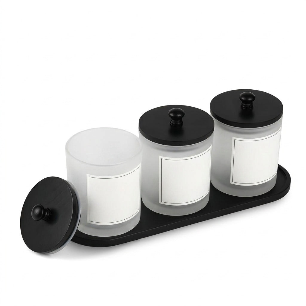 Aoibox  3 Pack Frosted Glass Cotton Swab and Ball Holder Set with Sealed Lids and Non Slip Tray for Bathroom