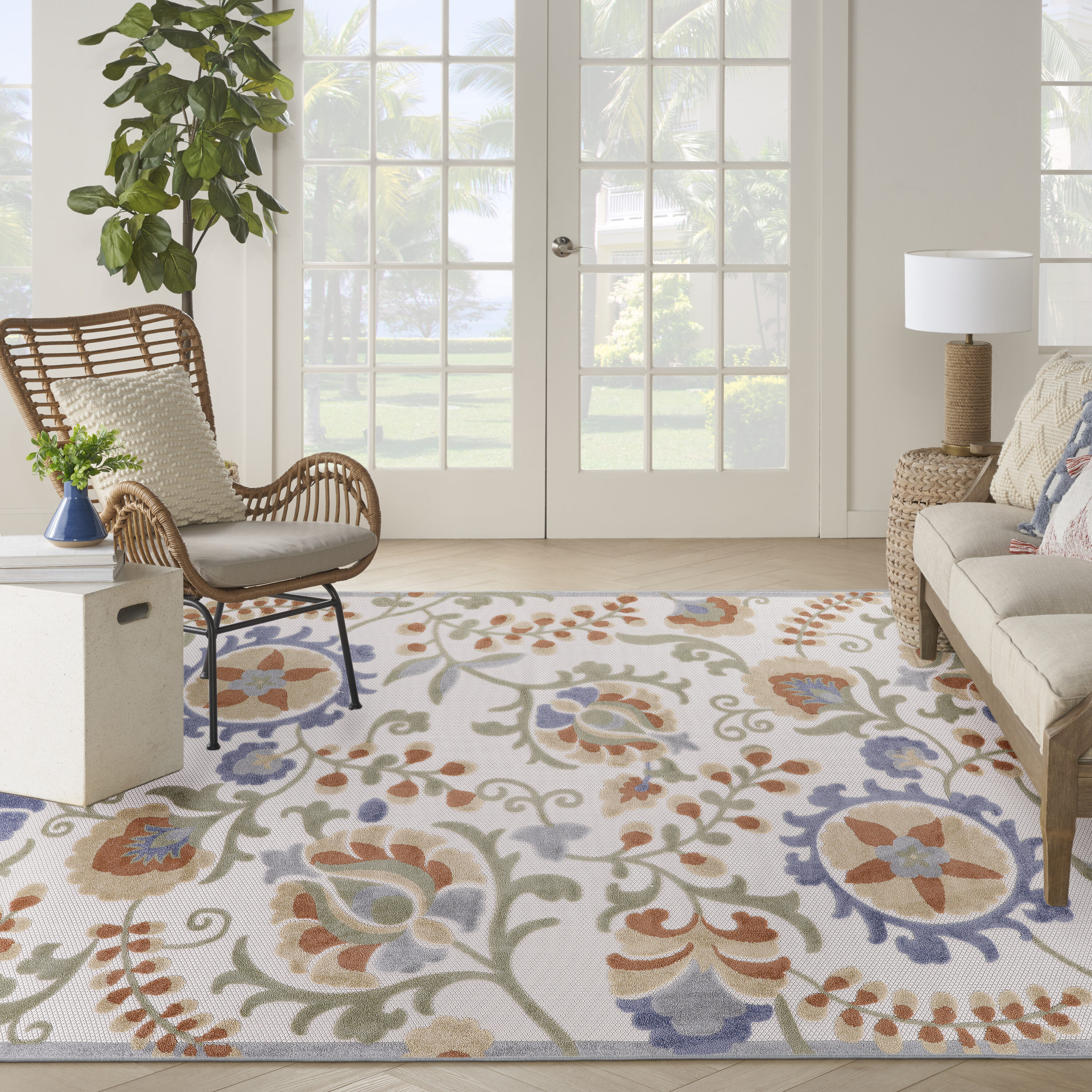 Nourison Home 099446921451 Aloha 8 x 11 (ft) Loomed Polypropylene Ivory Blue Rectangular Indoor/Outdoor Floral/Botanical Farmhouse/Cottage Area rug