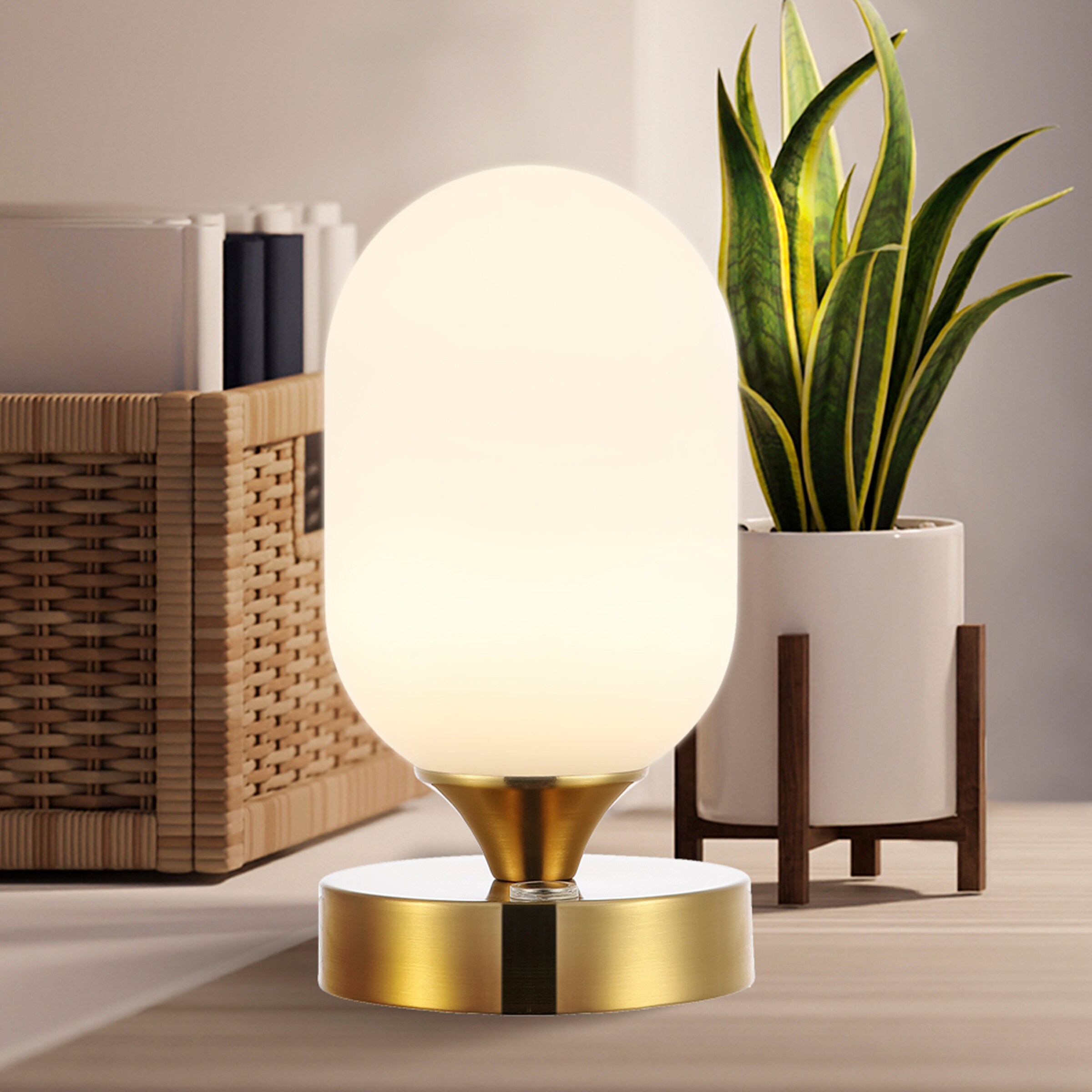 JONATHAN Y Carson Rechargeable Cordless 12.75-in Brass Gold LED Stick Table  Lamp with Glass Shade