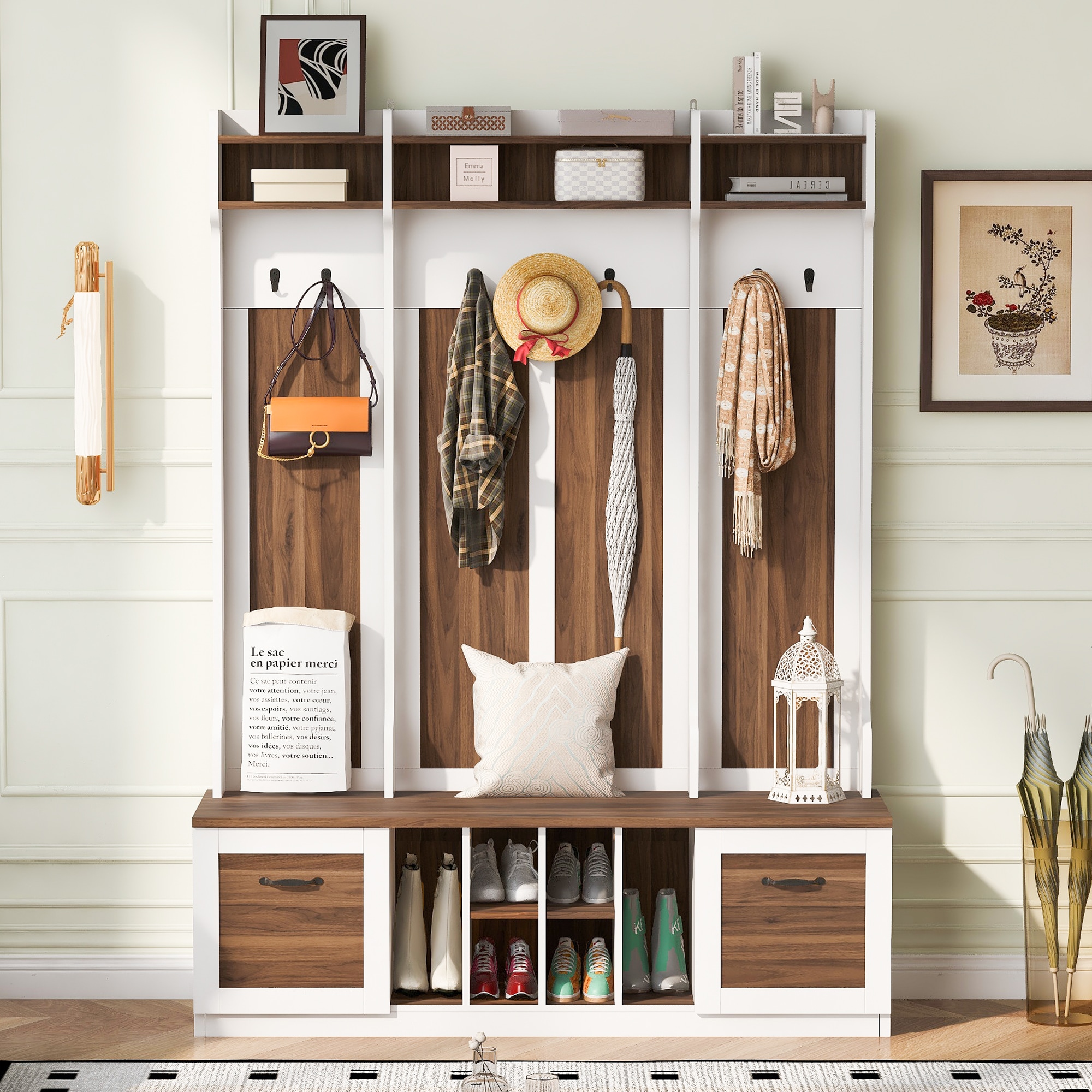 ModernLuxe L3P-N724P235232D 5in1 Entryway Bench with Coat Rack 7 Sturdy Hooks 2 Spacious Drawers and Adjustable Shelves 58.8inch Wide Hall Tree with Metal Handles for Hallway Entryway Living Room