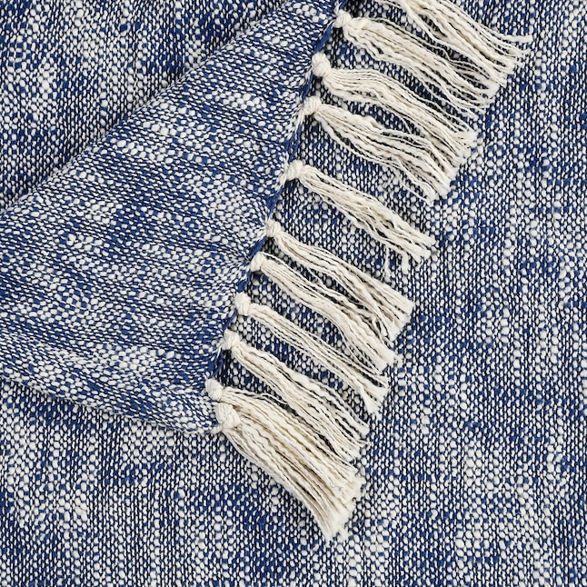 LR Home Navy Blue/ White Distressed Hand-Woven Organic Cotton Throw ...