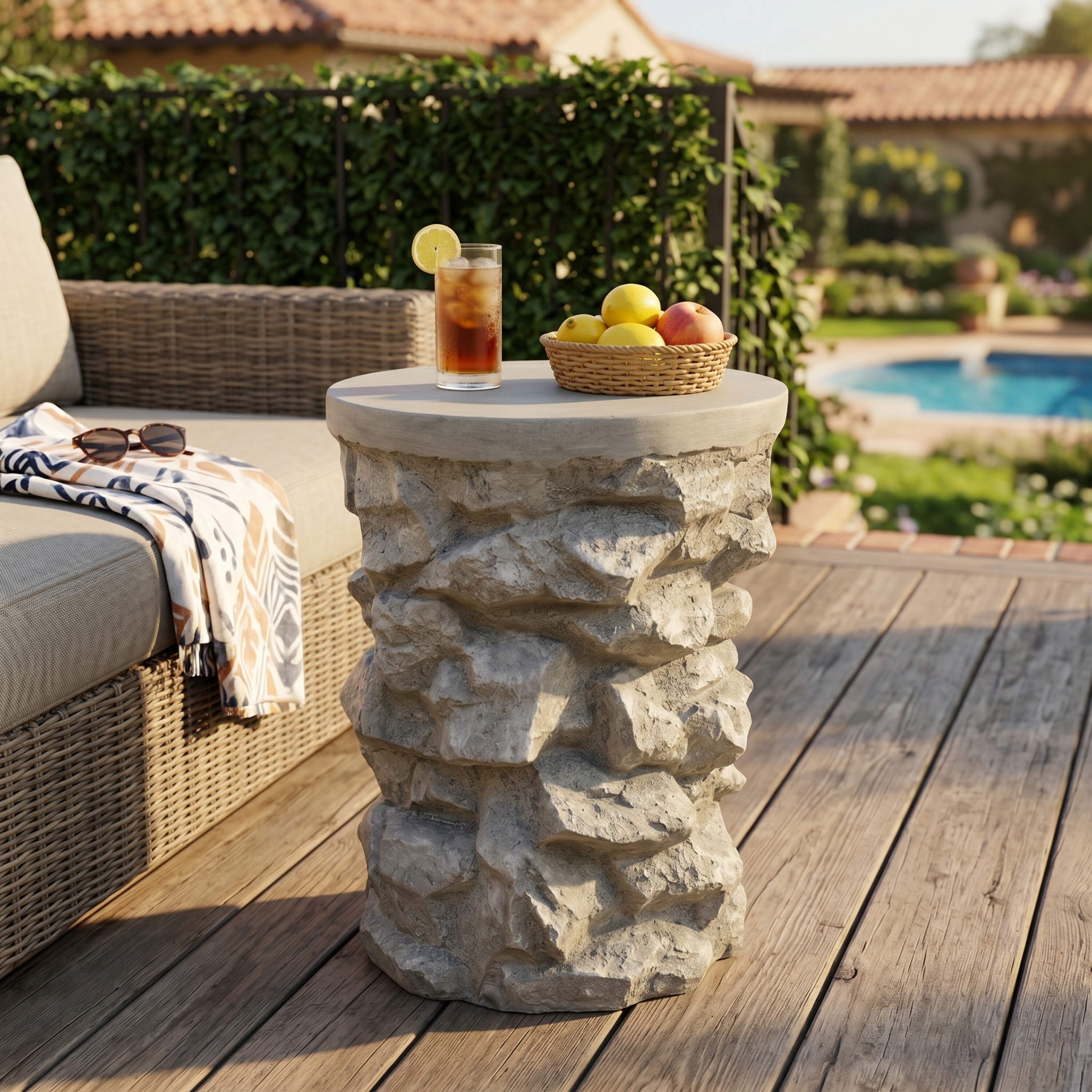 Roomfitters Faux Stacked Stone Outdoor Round Side Table PreAssembled ...