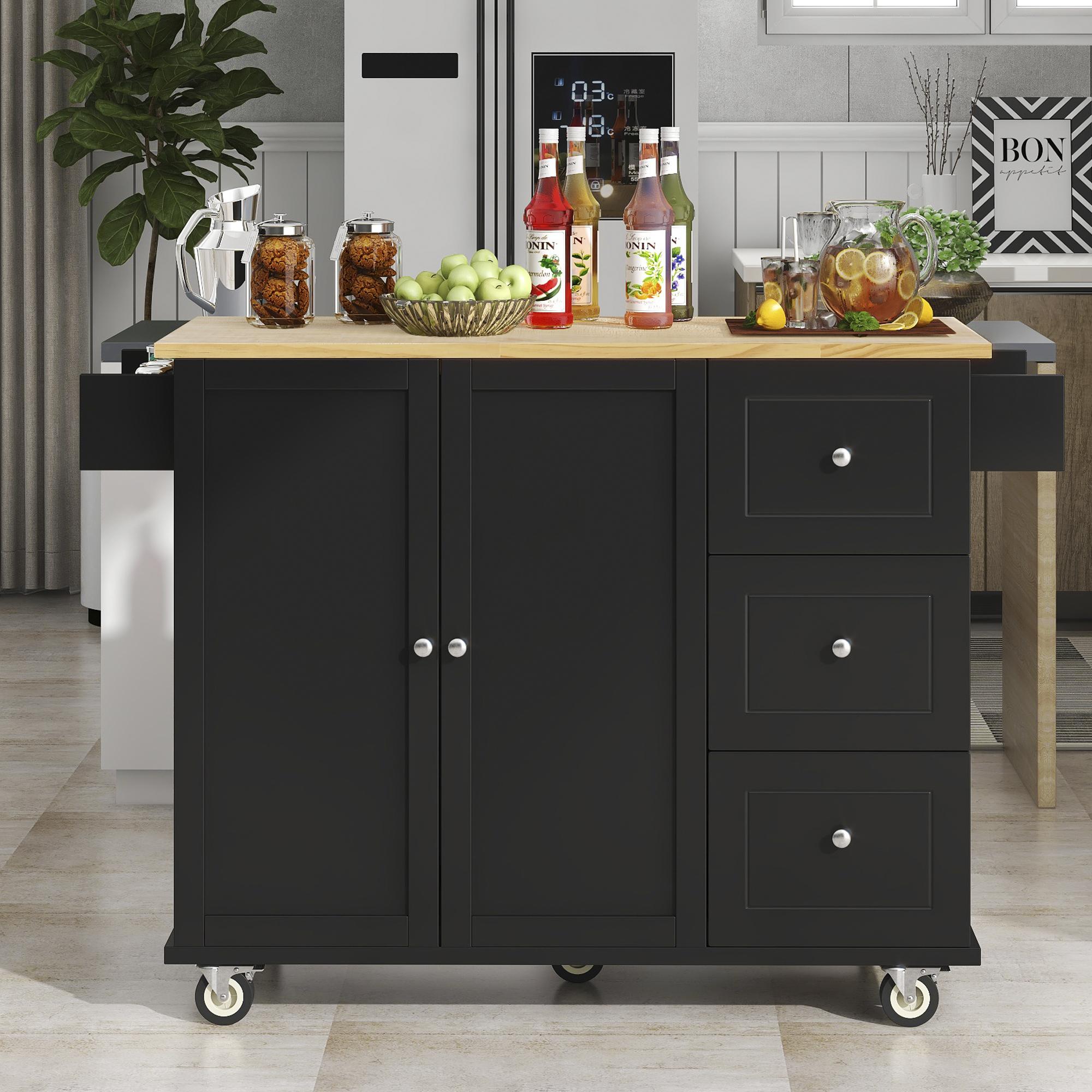Bayfeve Black MDF Base with Wood Wood Top Rolling Kitchen Island ( 29.5-in x 52.76-in x 36.81-in )