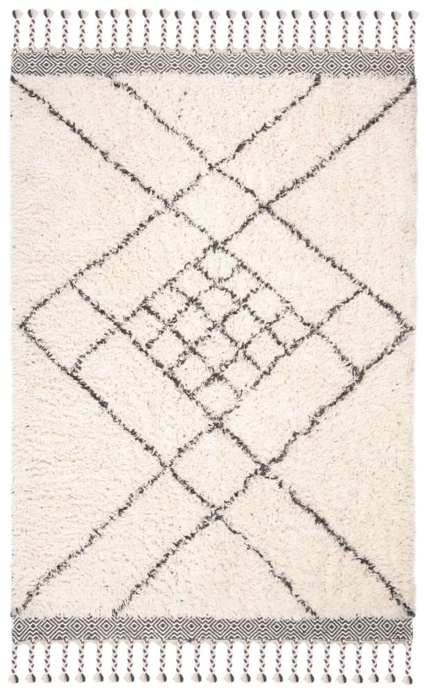 Handmade Ivory Wool Shag 5' x 8' Area Rug with Tasseled Ends