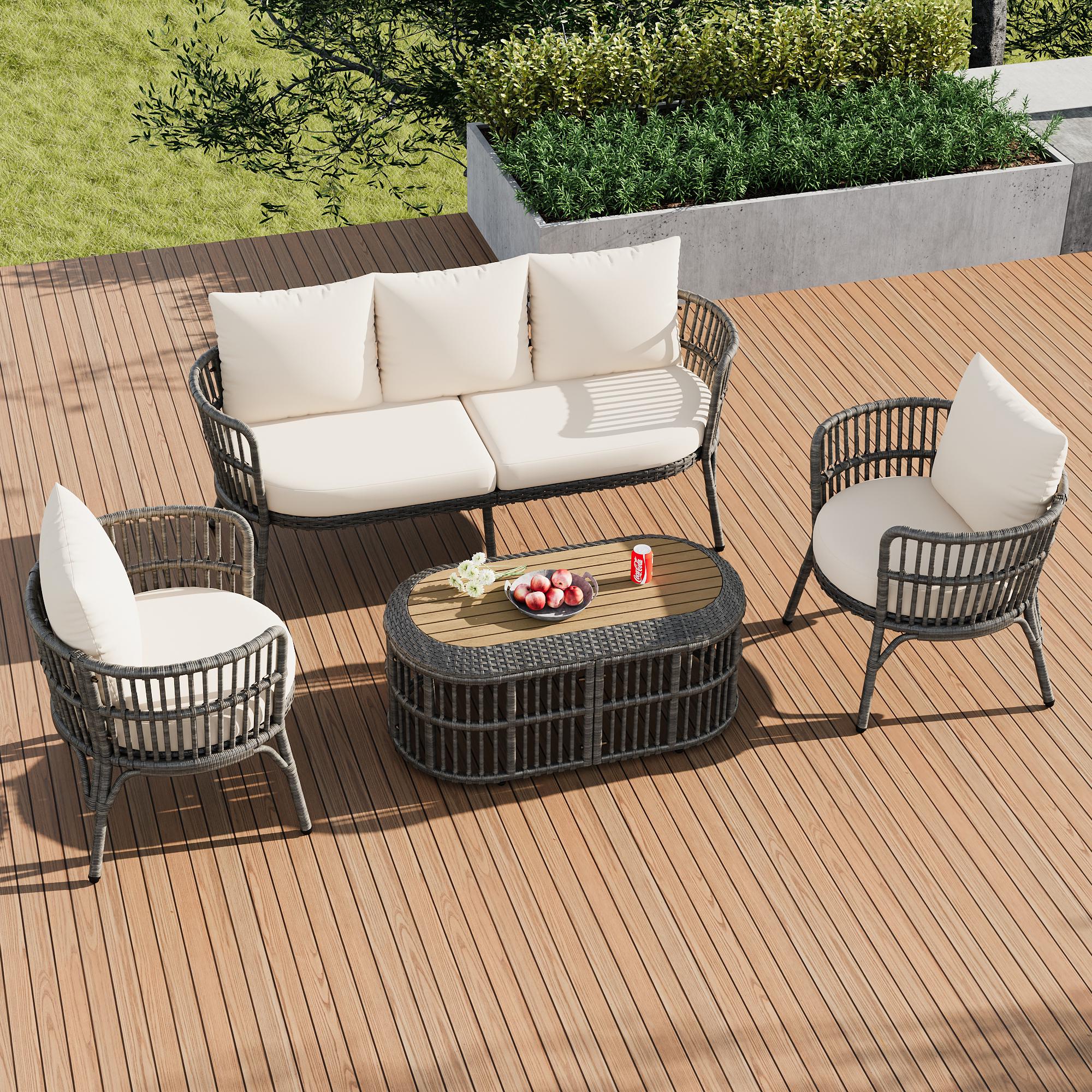 BABOOM BOM-0008AAE-OR Rattan Outdoor Patio Conversation Set 4 -Piece Rattan Patio Sofa Conversation Set with Off-white Polyester Cushions