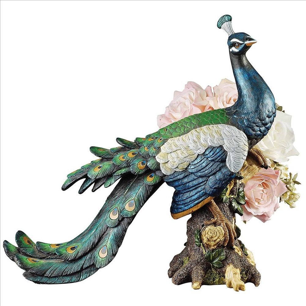 Multicolored Resin Peacock Garden Statue with Detailed Plumage