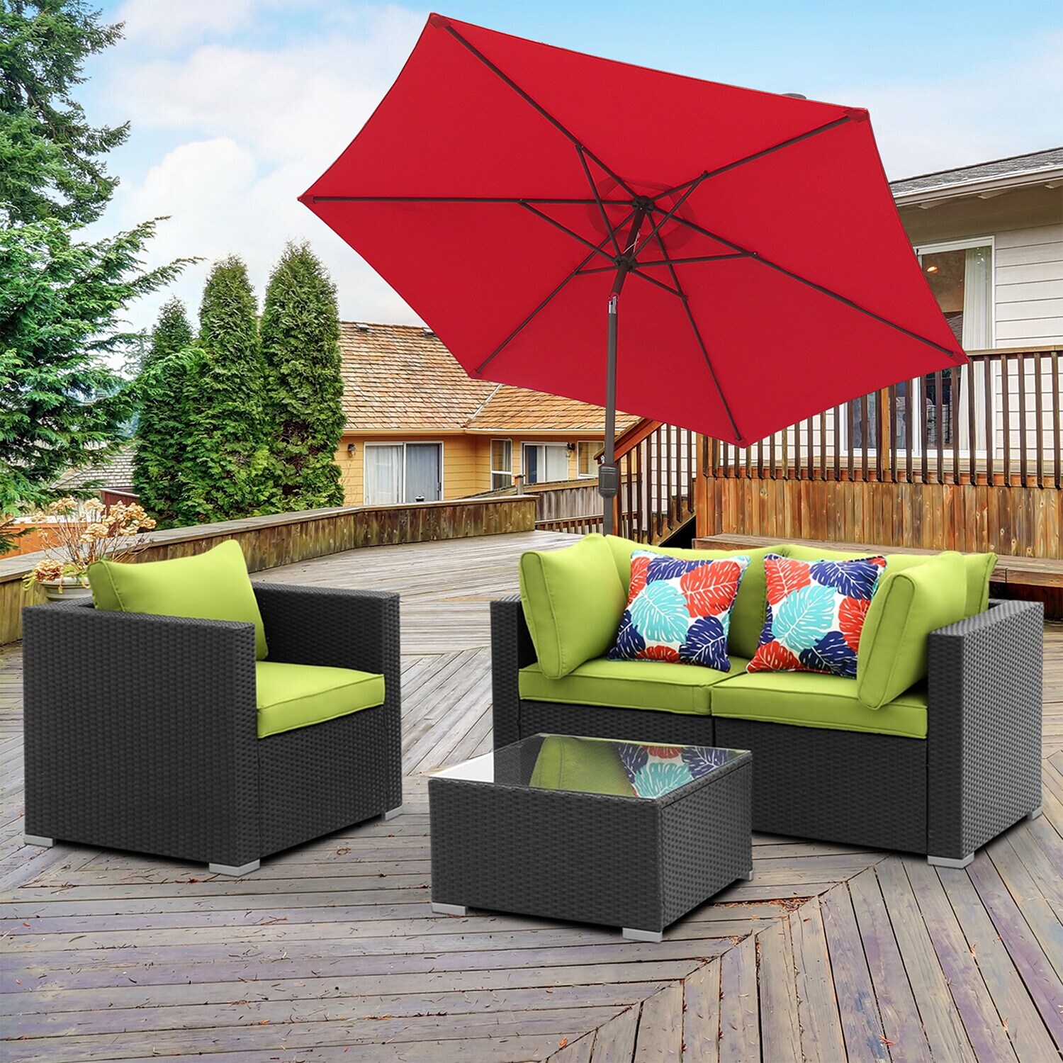 GZMR 9 Ft Red Polyester Market Patio Umbrella With Crank Mechanism And   60863388 