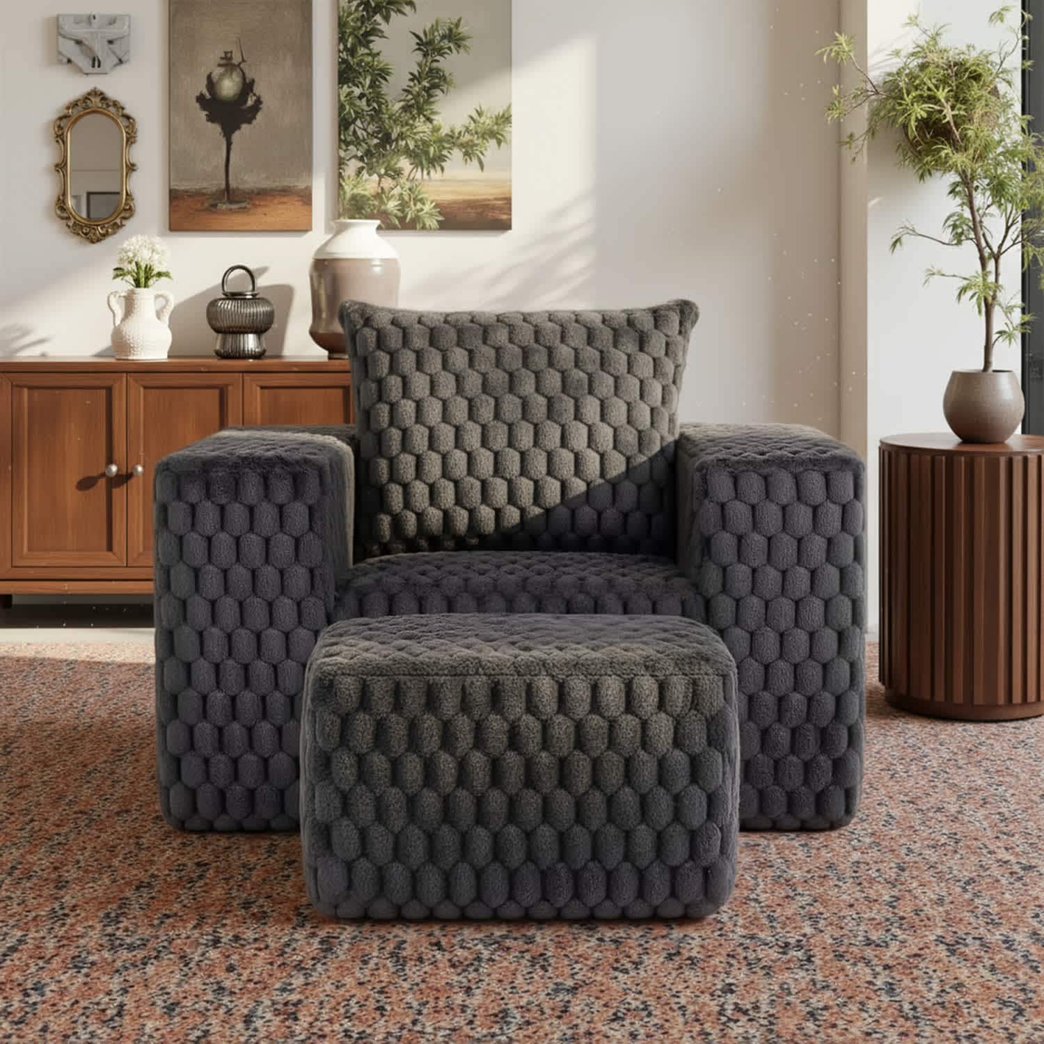 VERYKE LL-SF001GY Couch Compression Sofa 1-Seater Foam Sofa with Ottoman for Small Spaces