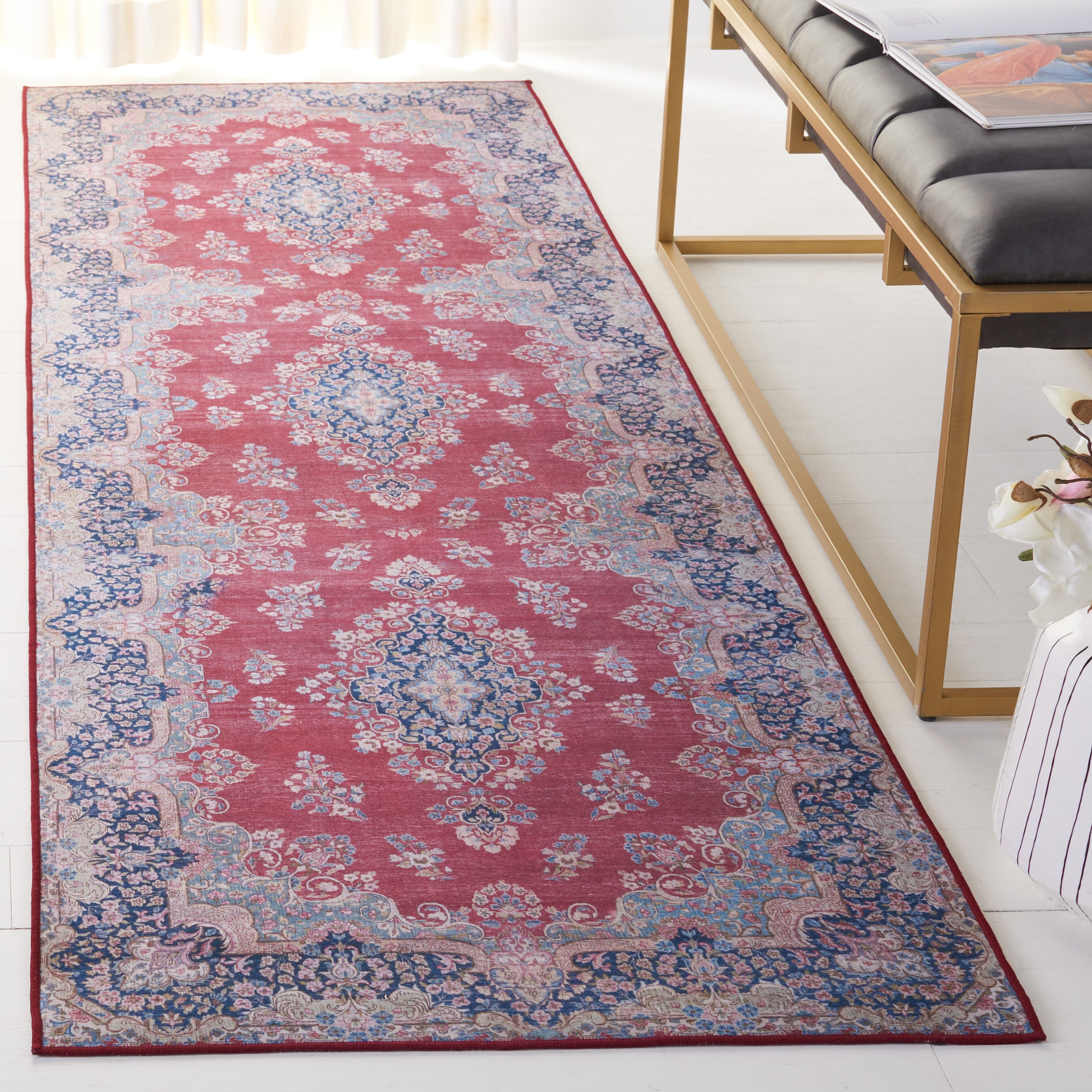 Safavieh TSN182Q-28 Tucson 3 x 8 (ft) Loomed Polyester Red/Navy Rectangular Indoor Medallion Machine washable Runner rug