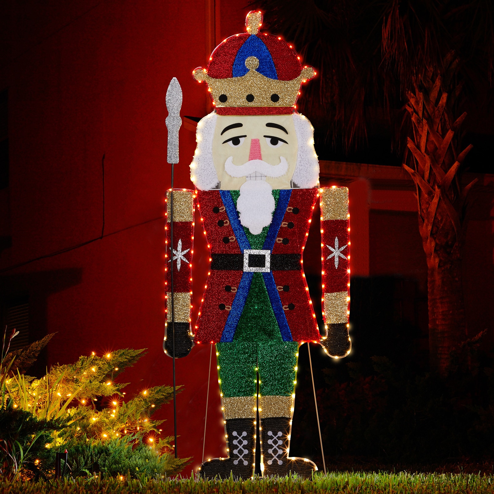 Bestcore Lighted Nutcracker Christmas Decoration 26.8-in x 17.7-in x 66.1-in Pre Lit 2D Soldier with 162 Warm White LED Lights and Stakes