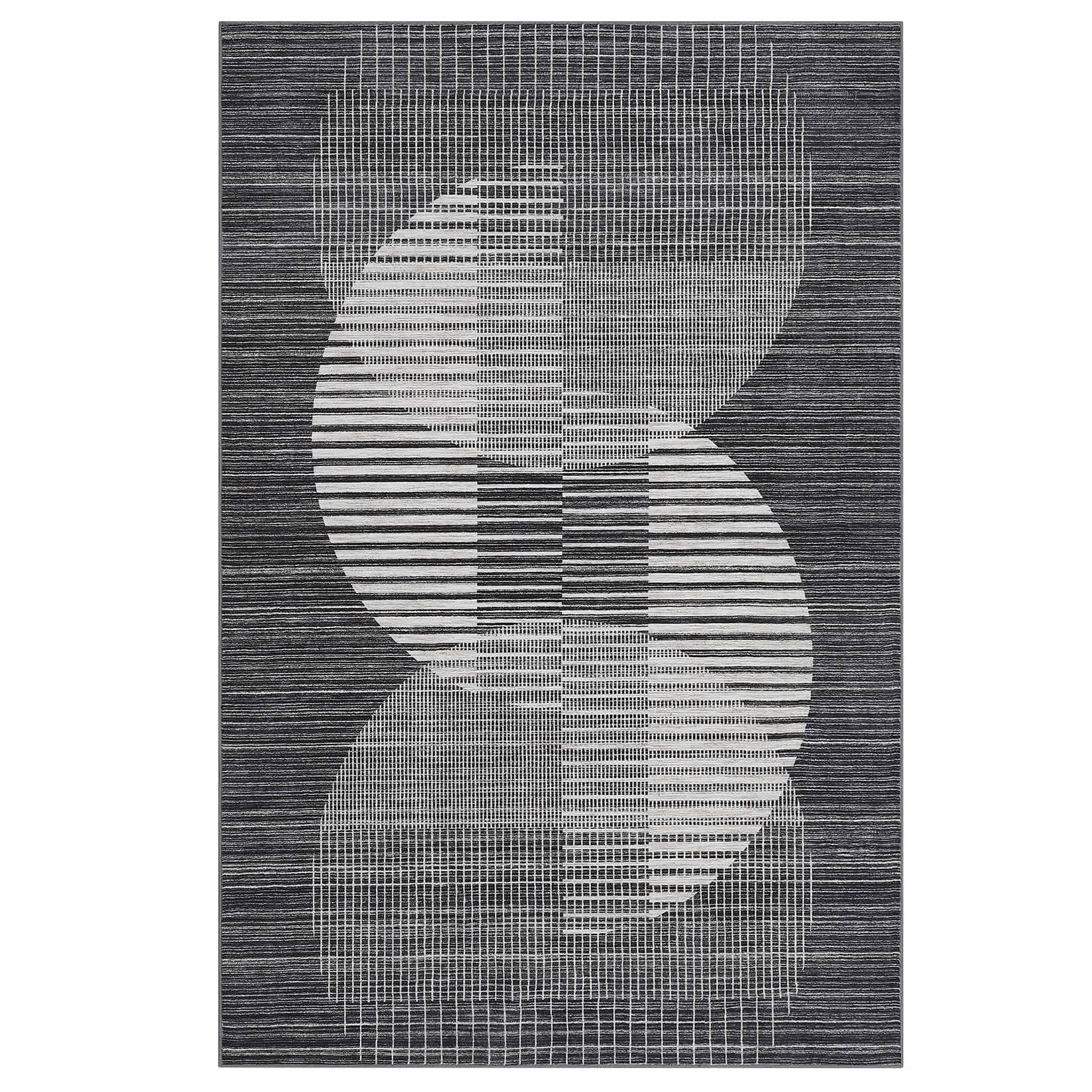WhizMax SUNNY-PHK-33YDC9TN 8 x 10 ft Polyester Black Rectangular Living Room Bedroom Dining Room Geometric Semi Circle Print Modern Machine Washable Area Rug