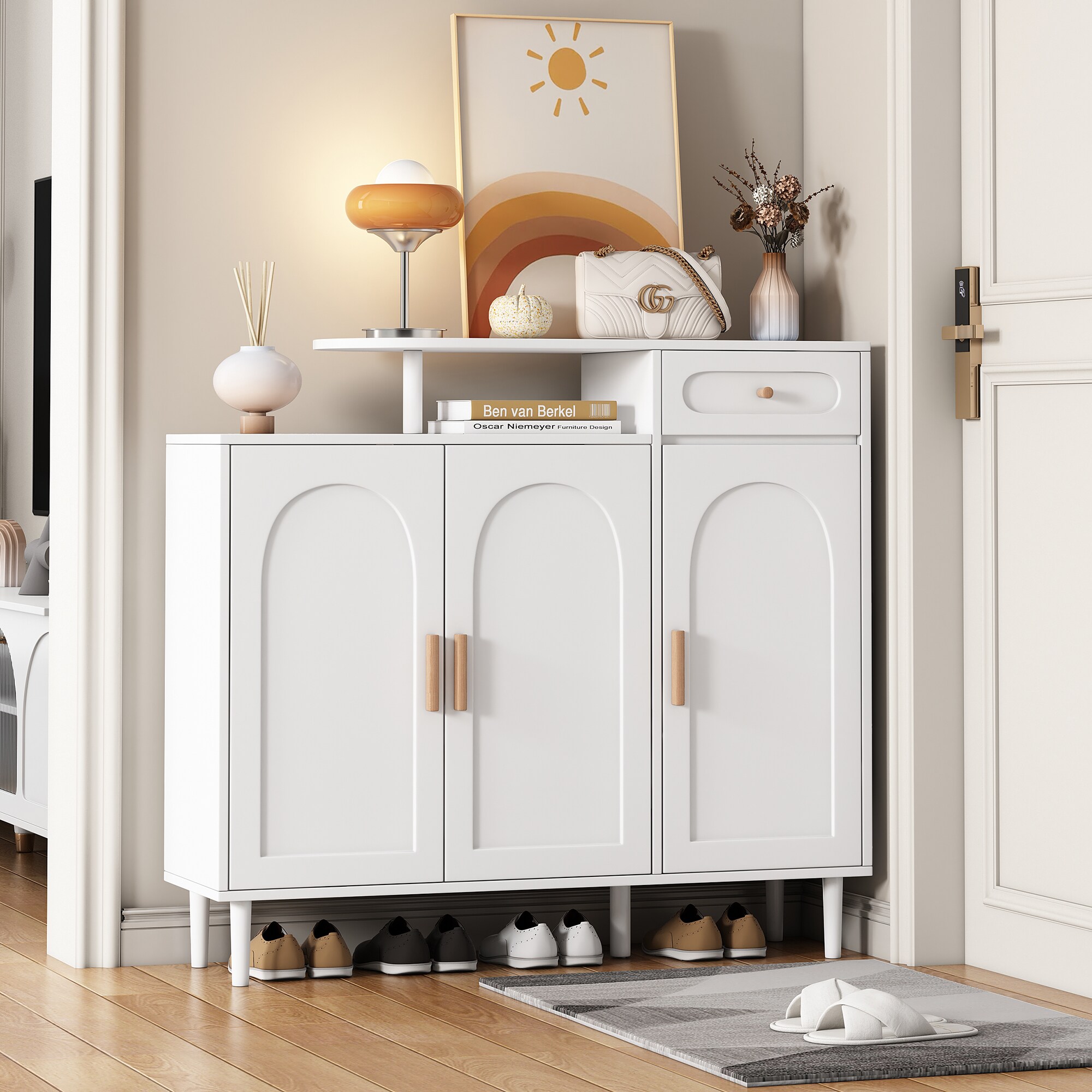Huluwat Elegant Shoe Cabinet with Arched Doors and Drawer Cream Style Storage Sideboard with Adjustable Shelves and Solid Wood Legs for Entryway Living Room White