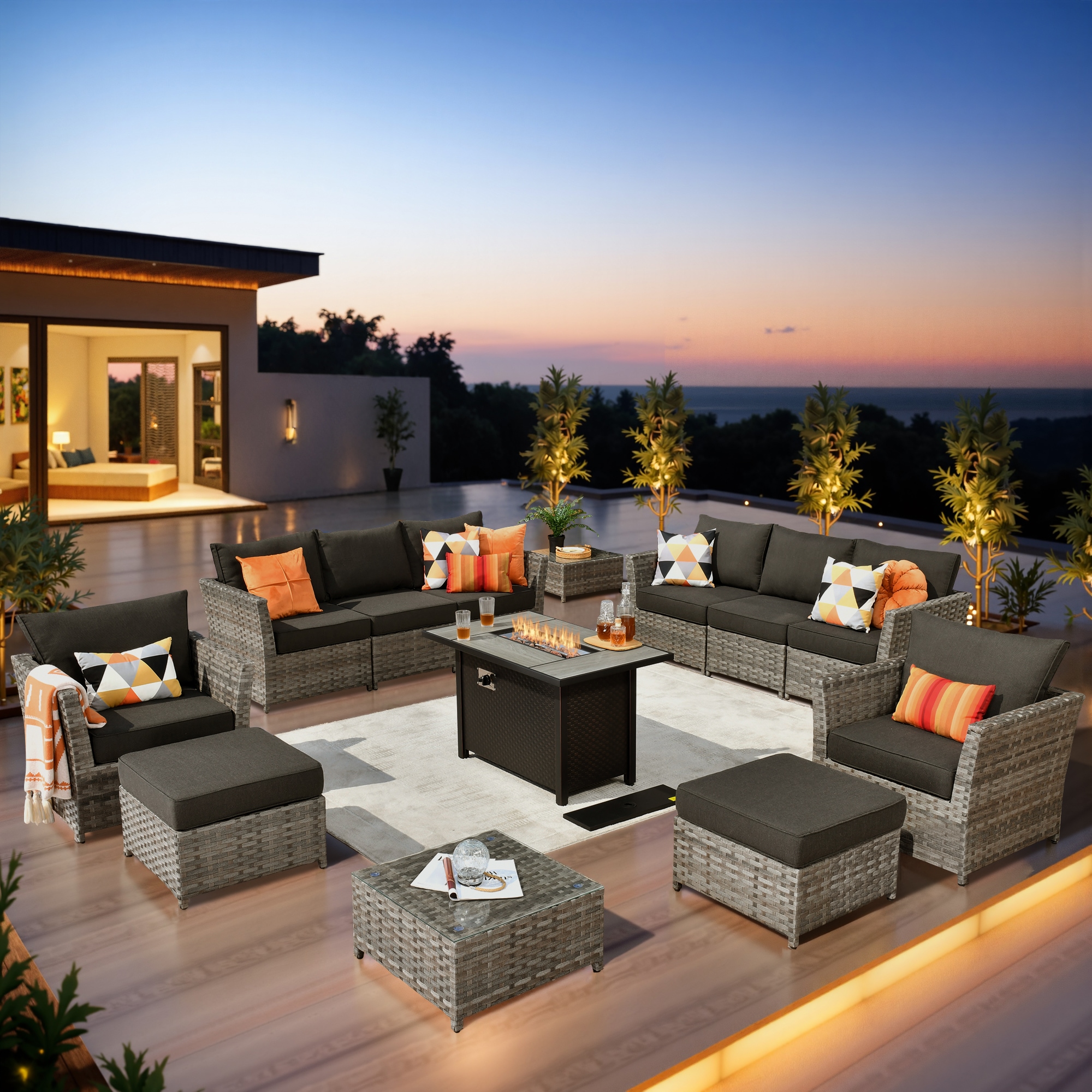 Ovios RFP03BS104 13 -Piece Wicker 2 Patio Sofa Conversation Set with Black Cushions