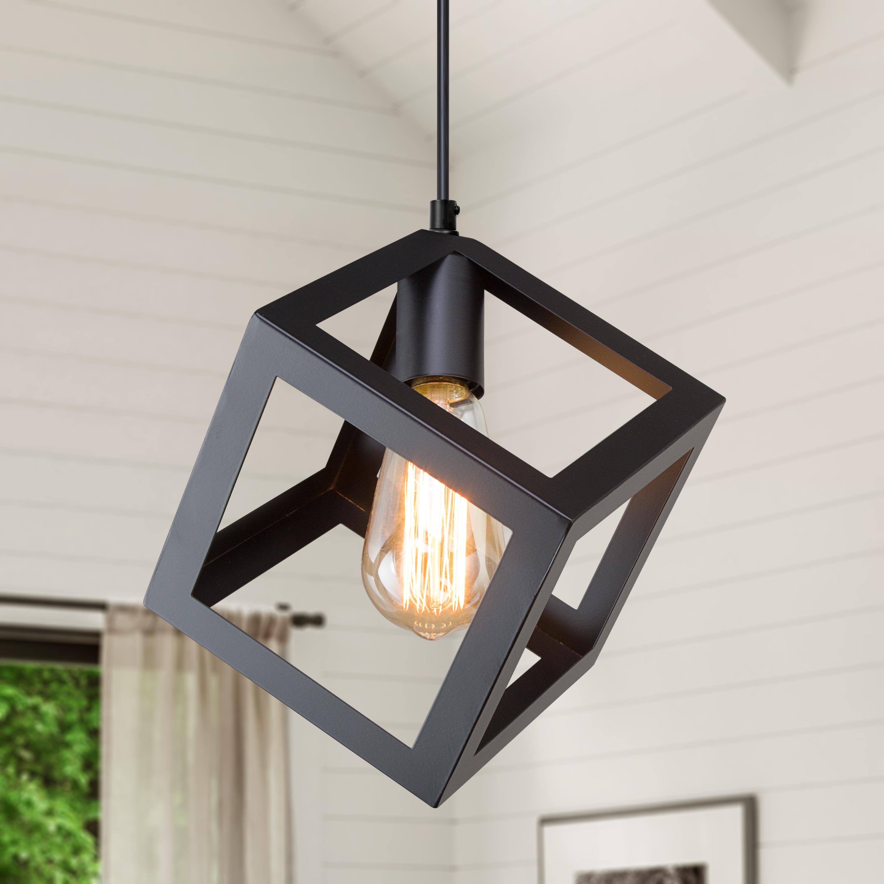LNC A01974 Pyxes 1 -Light Matte Black Industrial Geometric Mini Hanging Pendant light