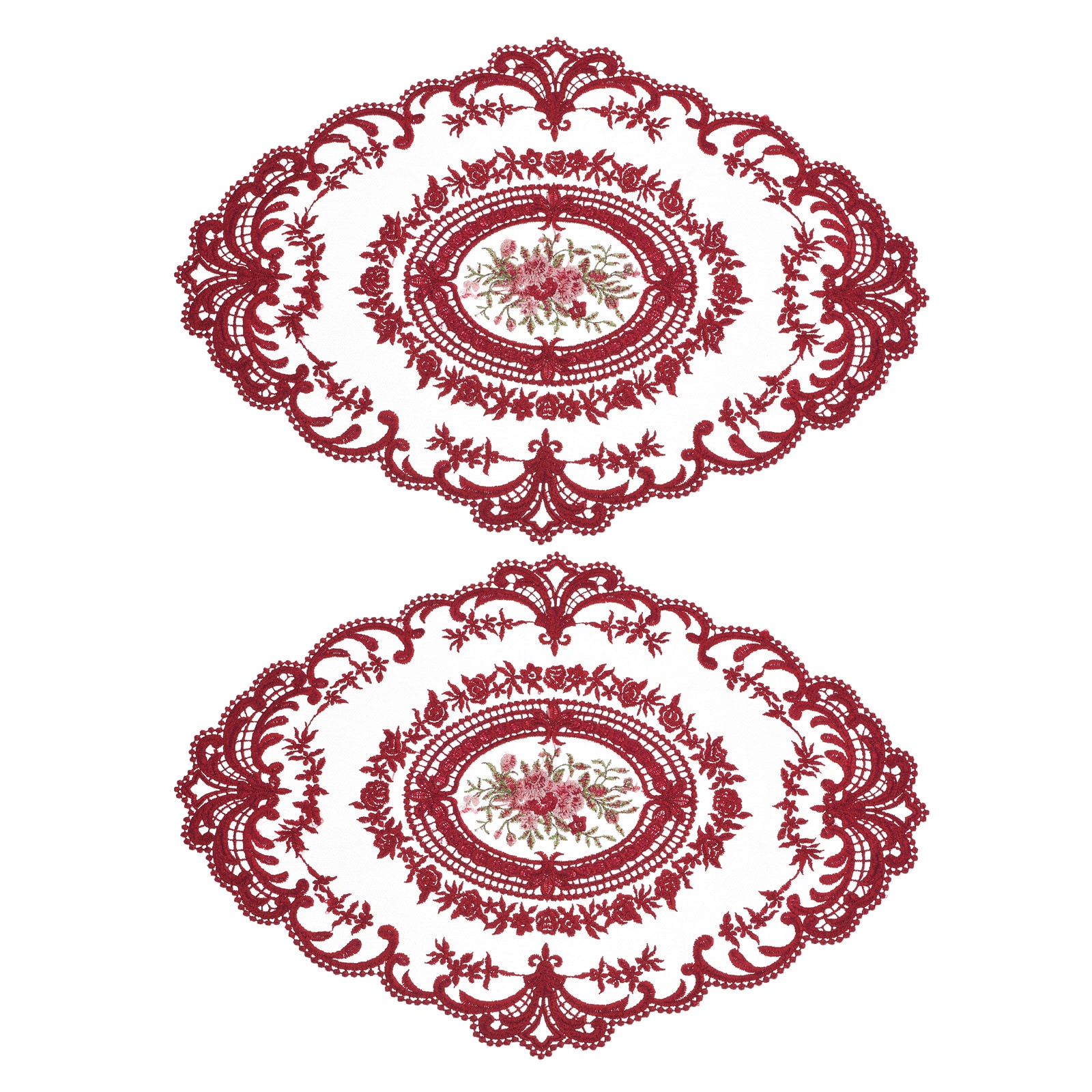 Unique Bargains 2pcs Retro Lace Placemat 12x16-in Oval Embroidered Table Place Mats French Crochet Doilies Coasters Cup Mat for Home Wedding Red