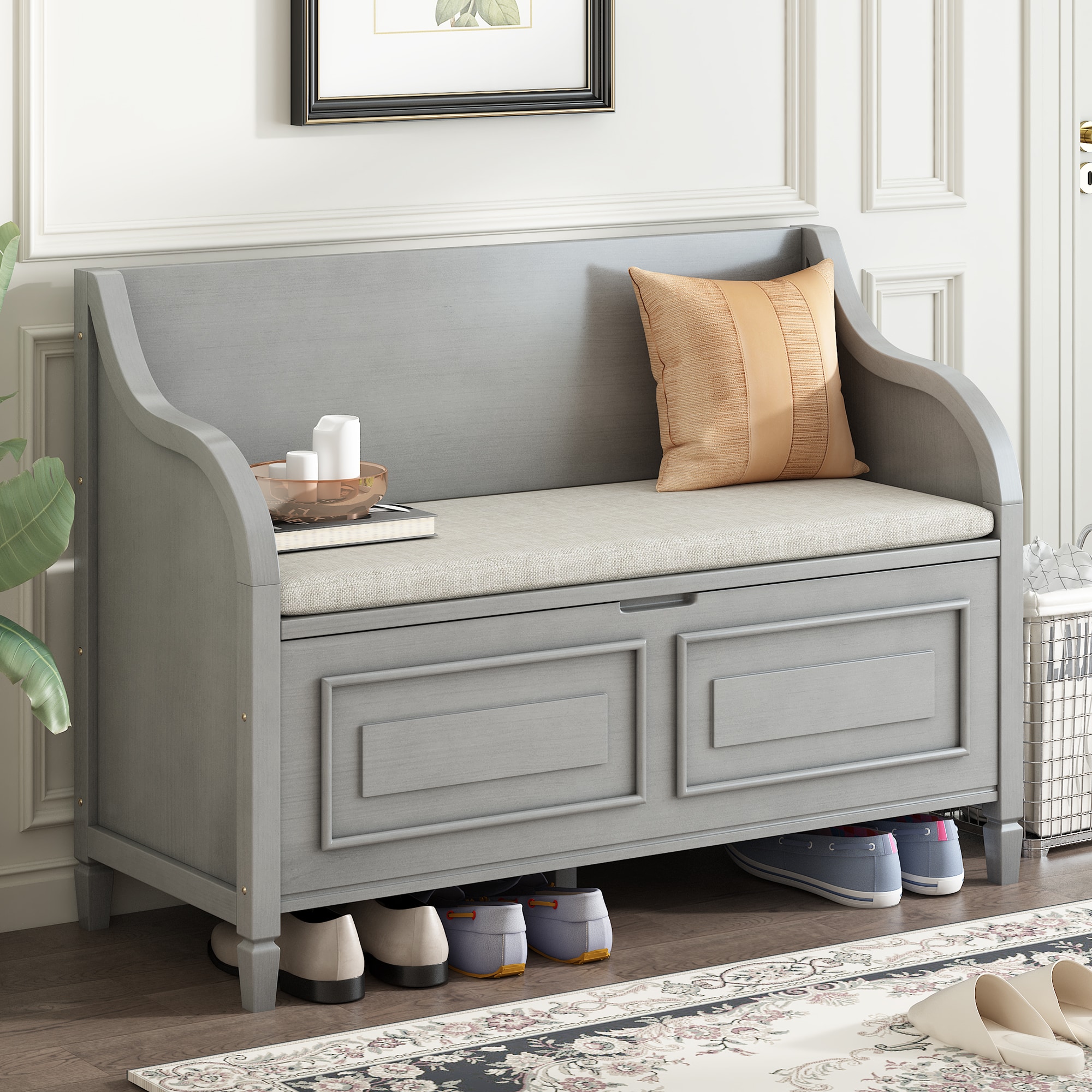 ModernLuxe WF317032AAE Rustic Style Solid wood Entryway Multifunctional Storage Bench with Safety Hinge Gray Wash Beige