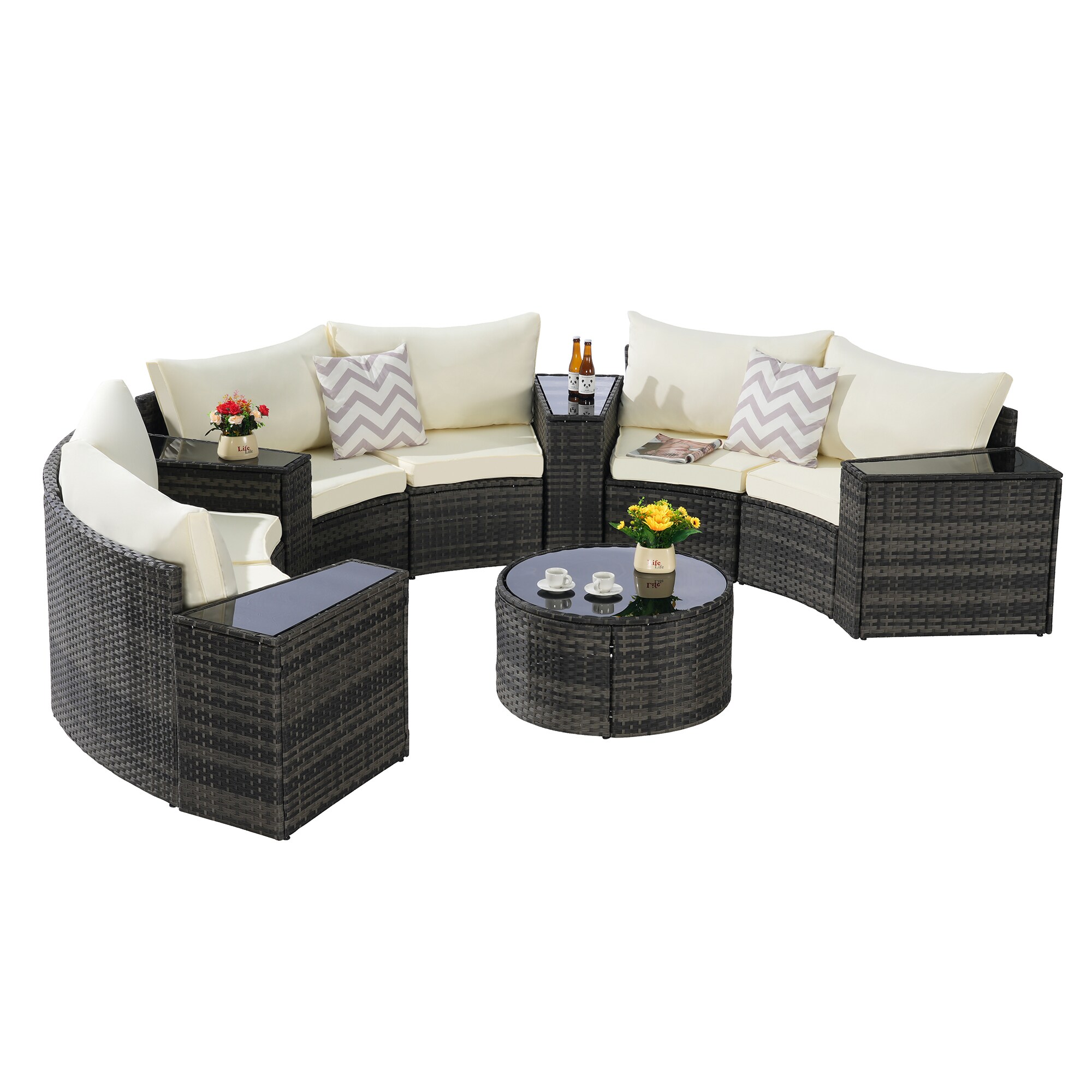 Bybafun YB6700081 Wicker Outdoor Sectional with Beige Cushions and Wicker Frame