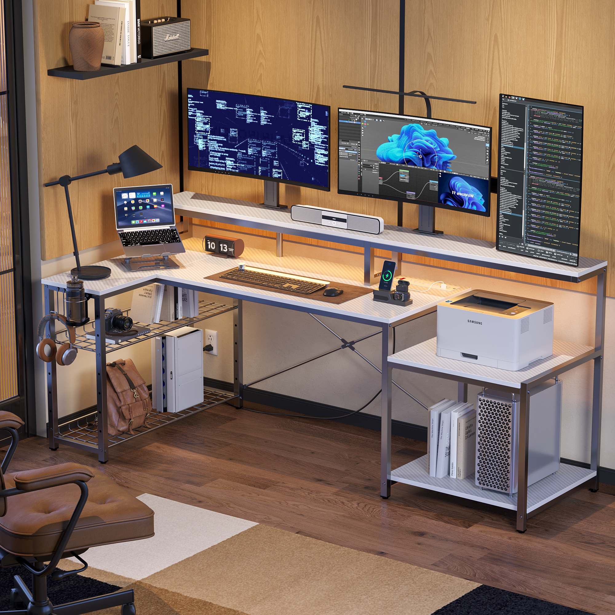 Bestier LOW-H100618KUS-WDCF 71.46-in W White Computer Desk with Power Outlet and  Monitor Stand
