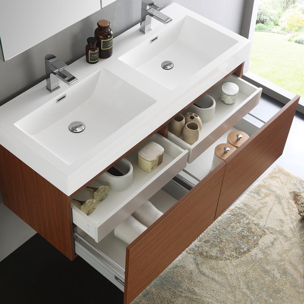 Fresca Mezzo 48-in Teak Double Sink Floating Bathroom Vanity with White ...