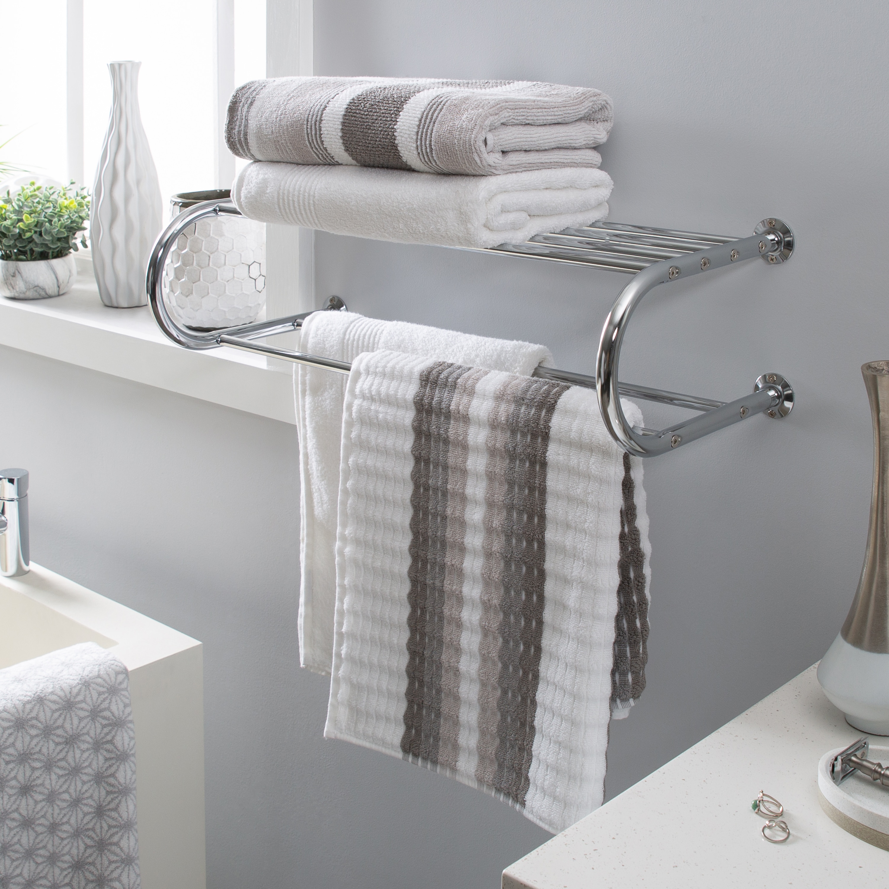 White 3 Tier Bathroom Shelf Wall Mounted with Towel Hooks