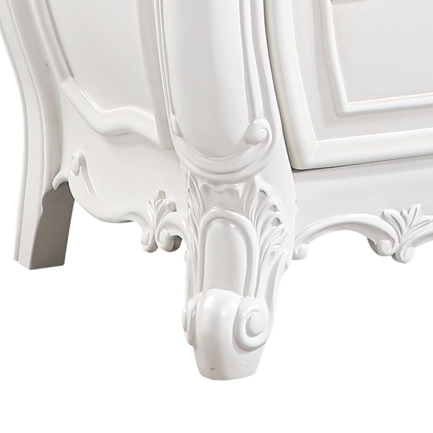 Opulence Pearl White 3-Drawer Nightstand with Intricate Carvings