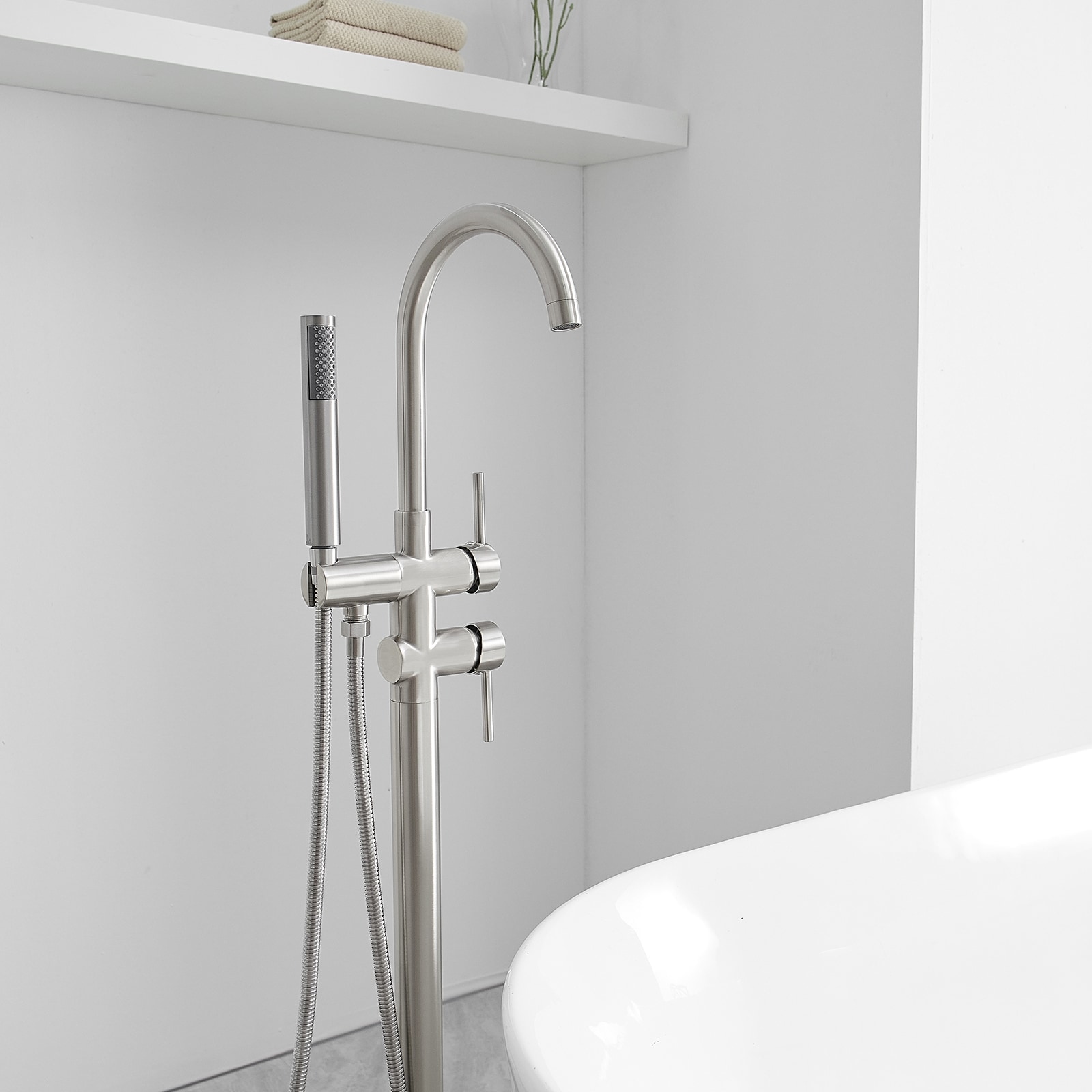 Brushed Nickel Freestanding Tub Filler with Hand Shower