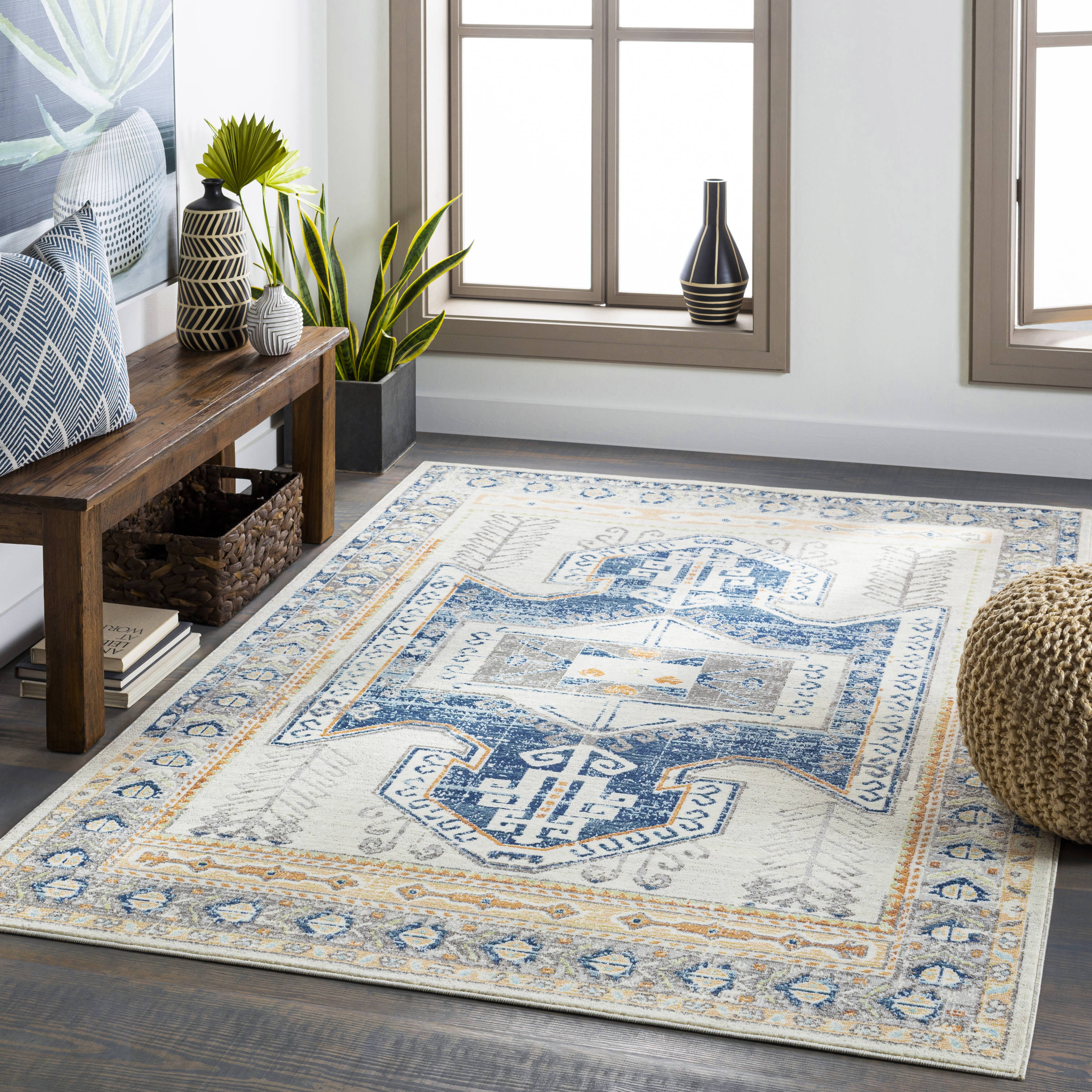 Surya BDM2319-71010 Bodrum 8 x 10 (ft) Polypropylene Navy Rectangular Indoor/Outdoor Medallion Global Area rug
