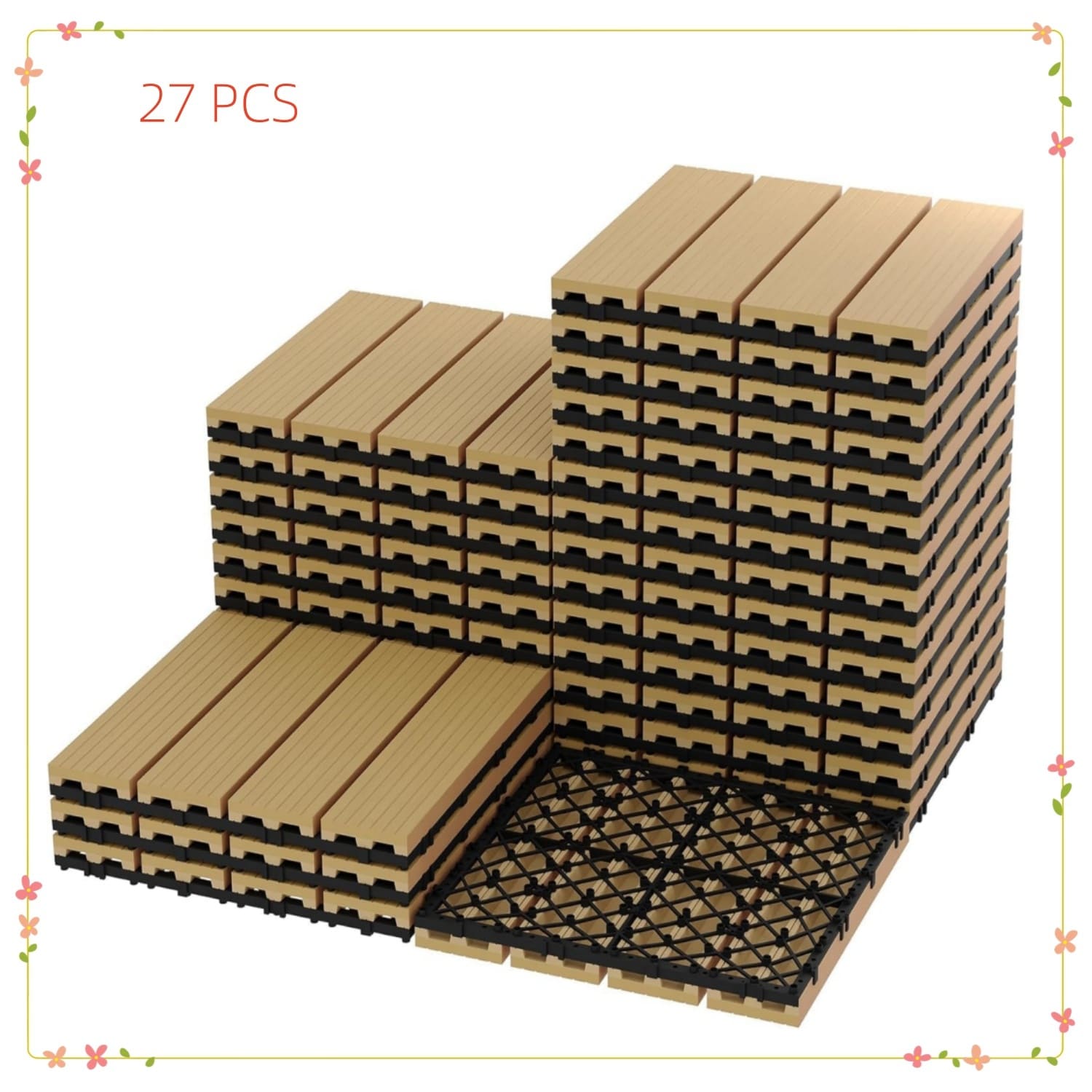 Garvee 27-Pack 12x12 In Composite Deck Tiles Interlocking Waterproof Patio Flooring Covers 27 Sq Ft for Outdoor and Indoor Use on Balcony Porch or Poolside Teak