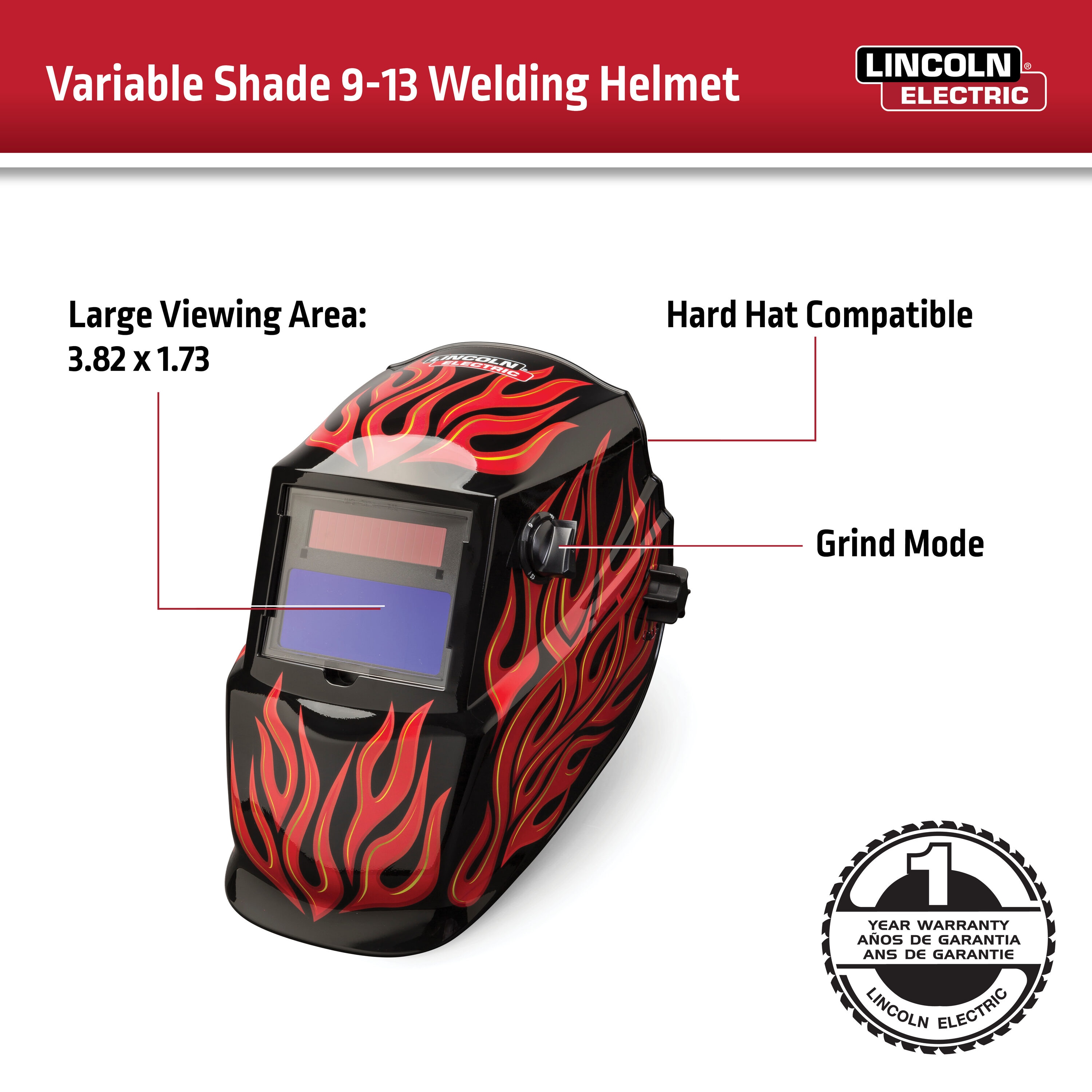 Lincoln Electric Auto Darkening Variable Shade Red Welding Helmet 