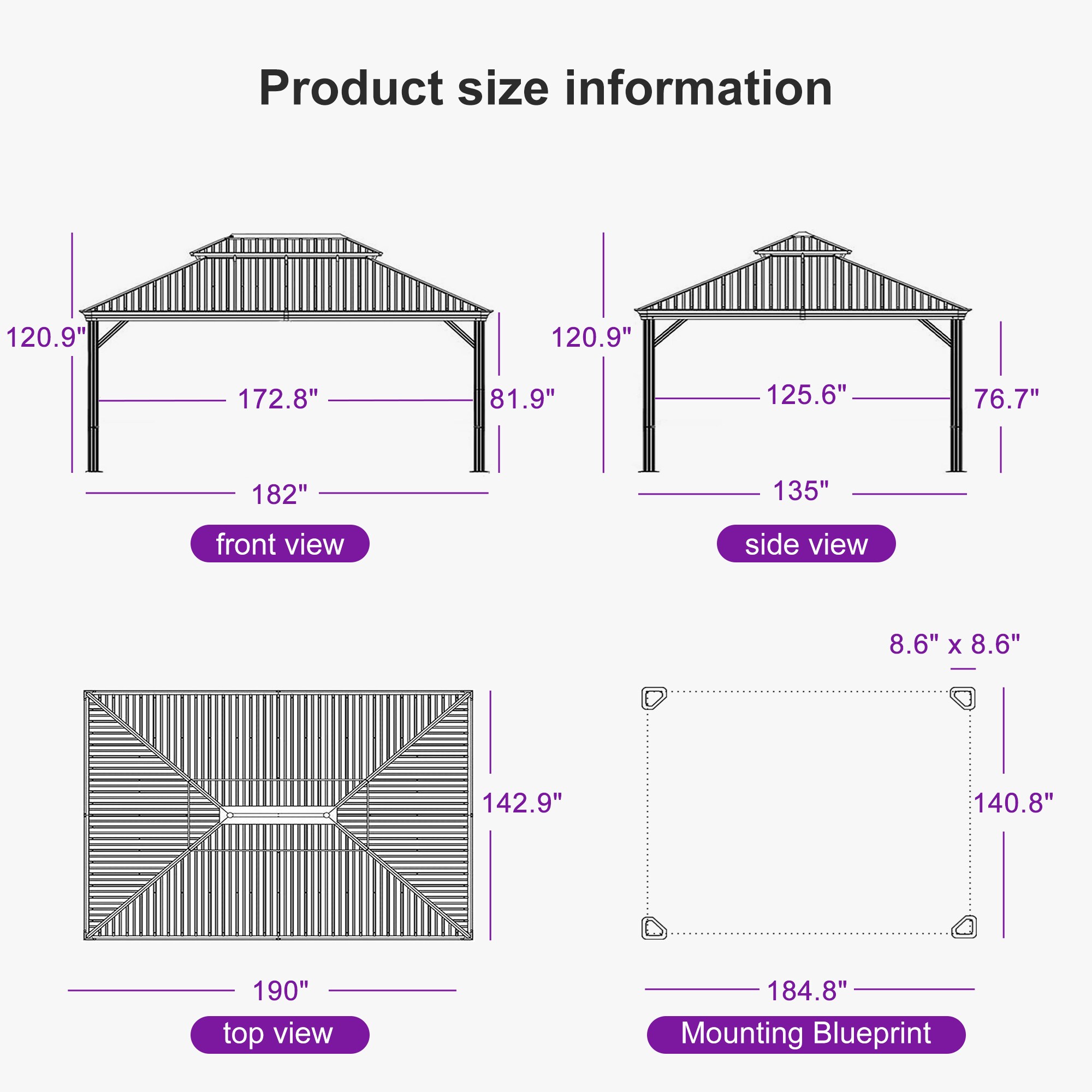 Light Gray 16' x 12' Aluminum and Steel Hardtop Gazebo with Curtains